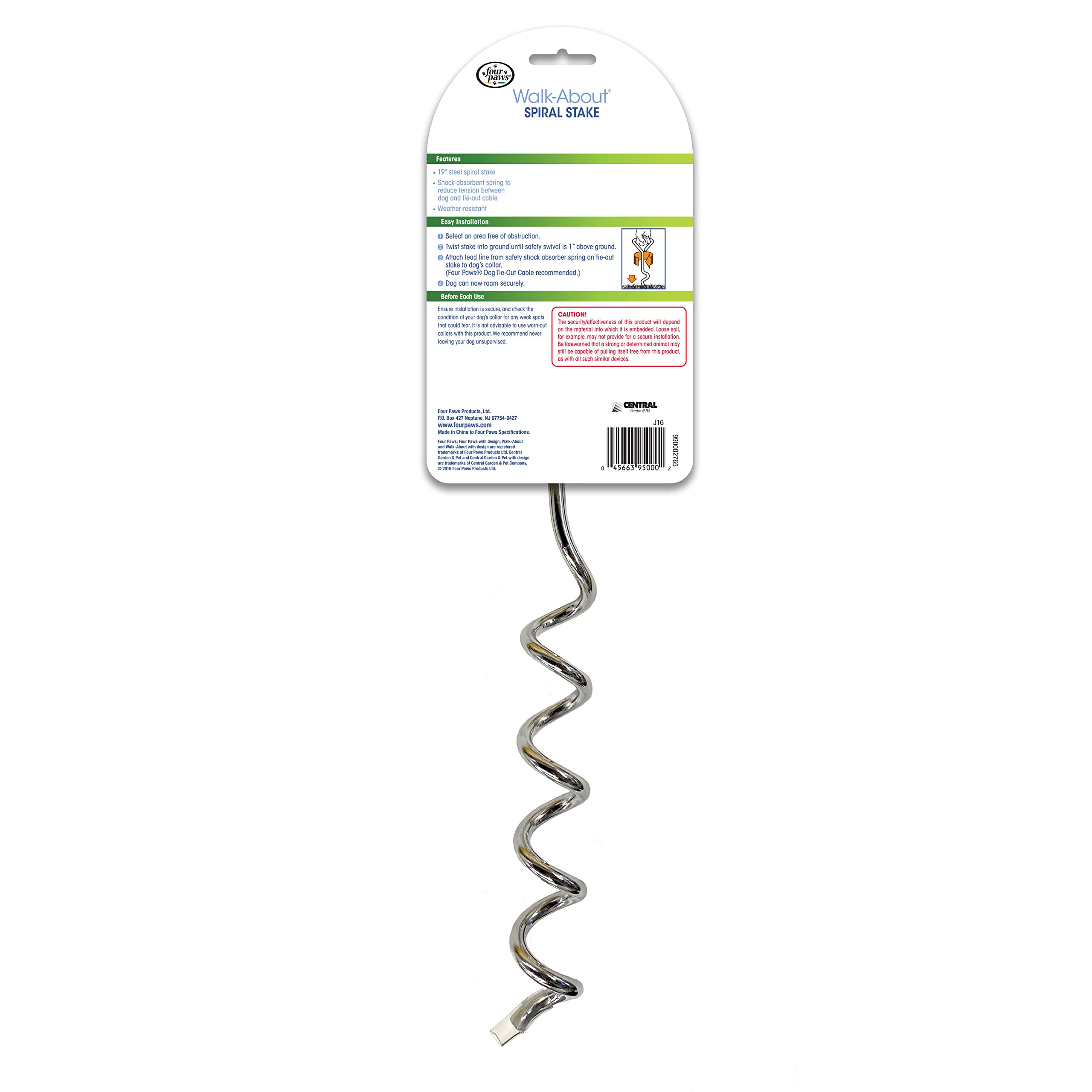 Four Paws Dog Spiral Tie Out Stake, 19 Inch, Silver, Durable Cotton, Model 100204025