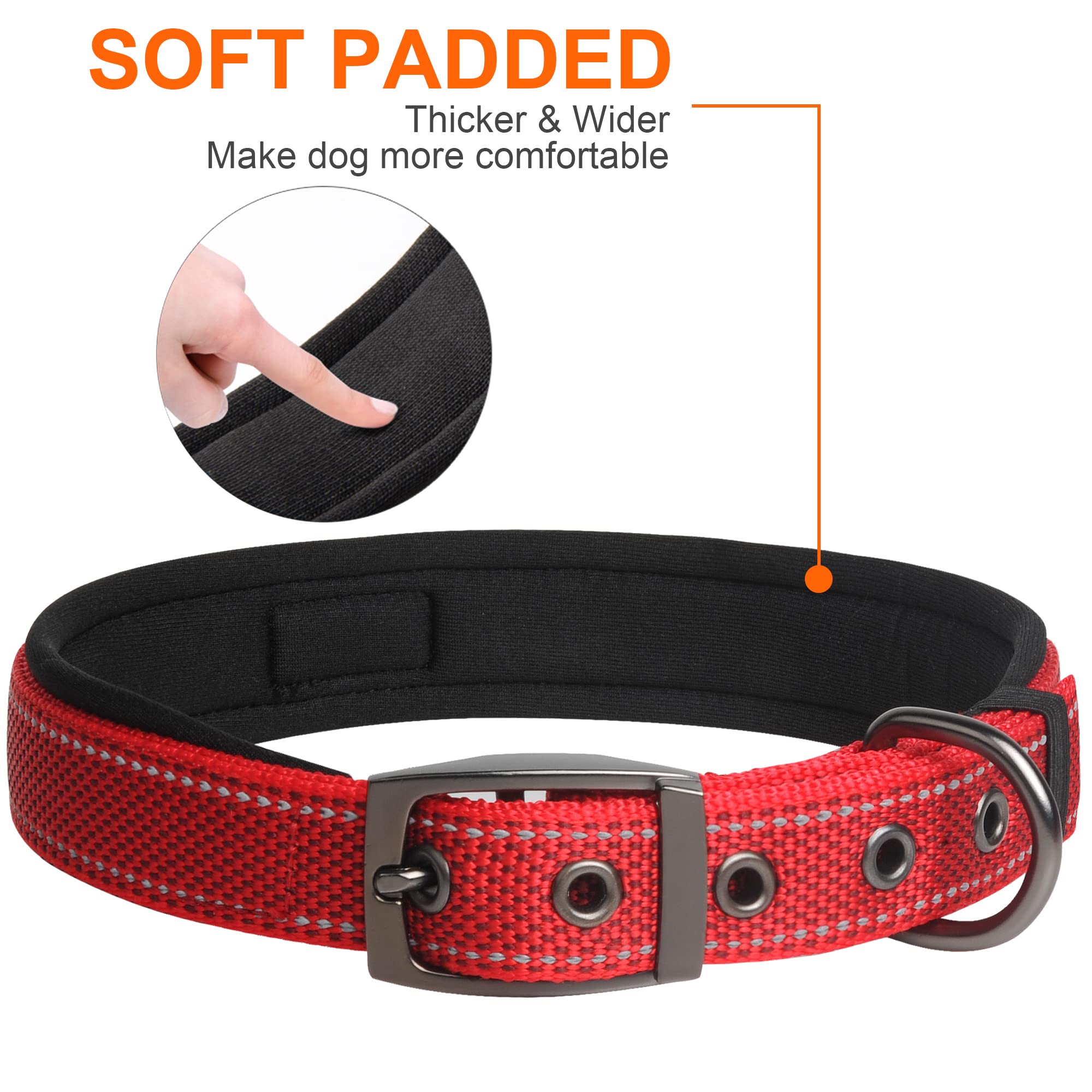 Fida Heavy Duty Dog Collar, Ultra Comfortable Soft Neoprene Padded, Adjustable Reflective Nylon Pet Collar With Durable Metal Belt Buckle For Large Breeds (L, Red)