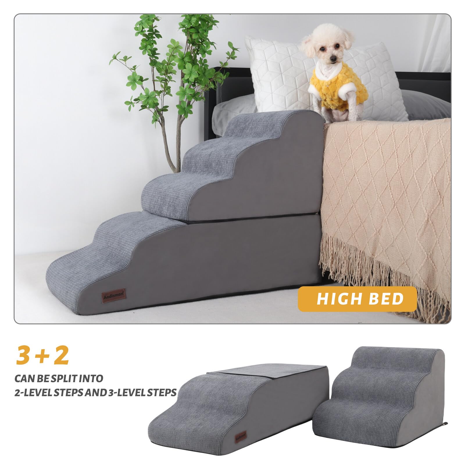 Dog Stairs and Ramp for High Bed, 5-Step Dog Steps for Small Dogs and Cats,Non-Slip Pet Stairs Suitable High Bed Climbing