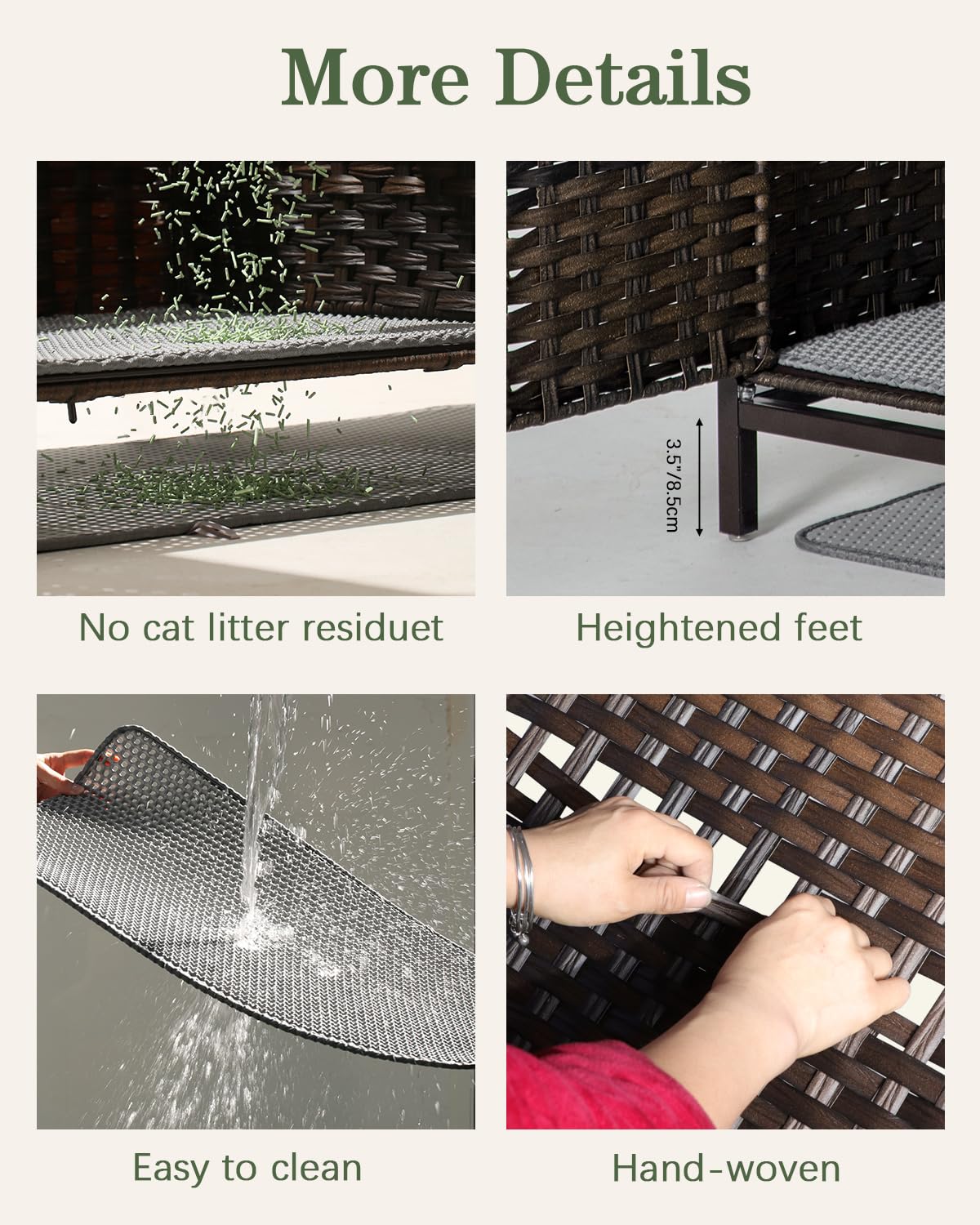 Setvson Cat Litter Box Enclosure Furniture, Hidden Handwoven Rattan Litter Box With Mat, Large Cat House With Metal Heightened F