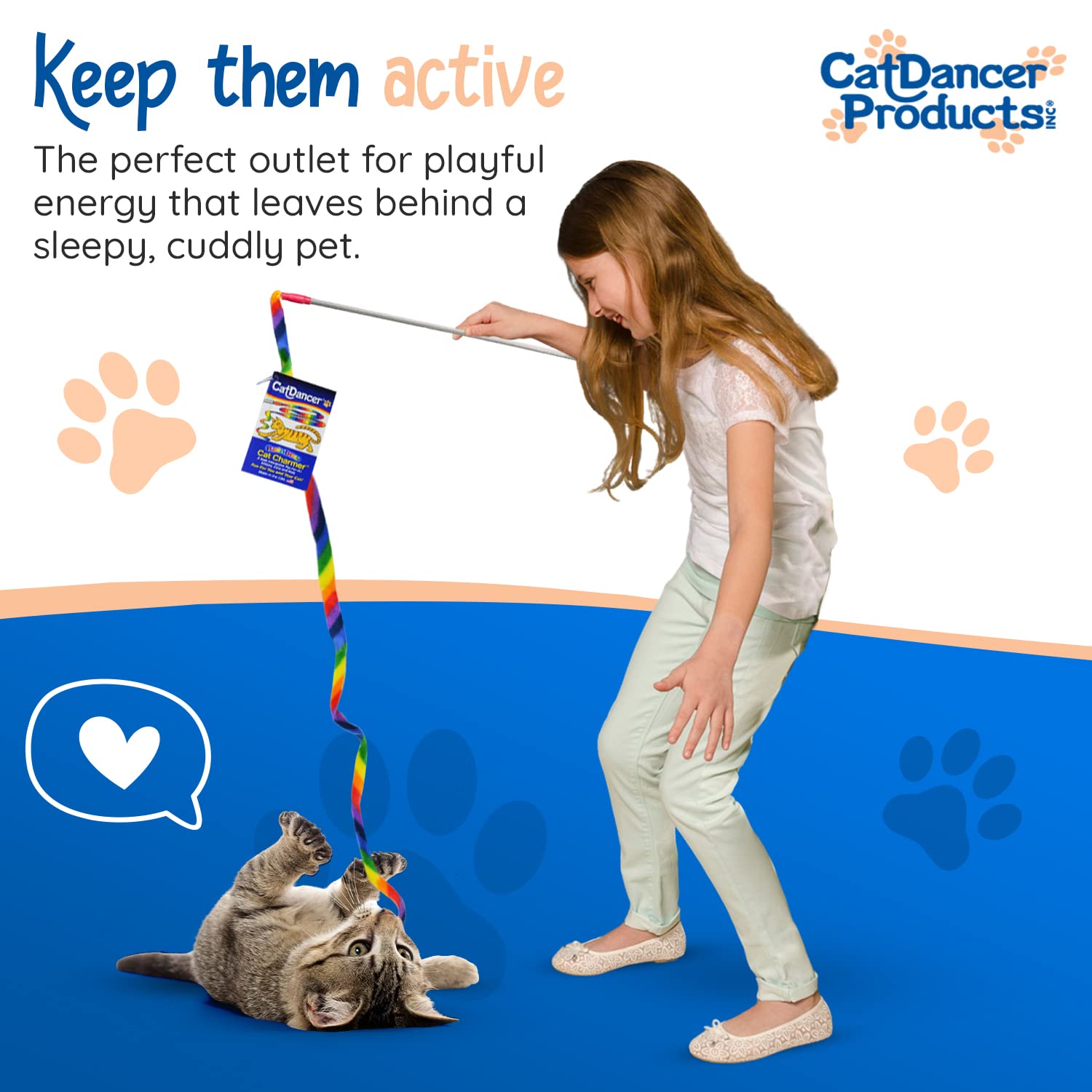 Cat Dancer Products Rainbow Cat Wand Charmer, Safe Teaser Wand For Indoor Cats & Kittens, Flexible Exercise Toy Made Of Multicolor Fabric Ribbon, For Medium Breeds