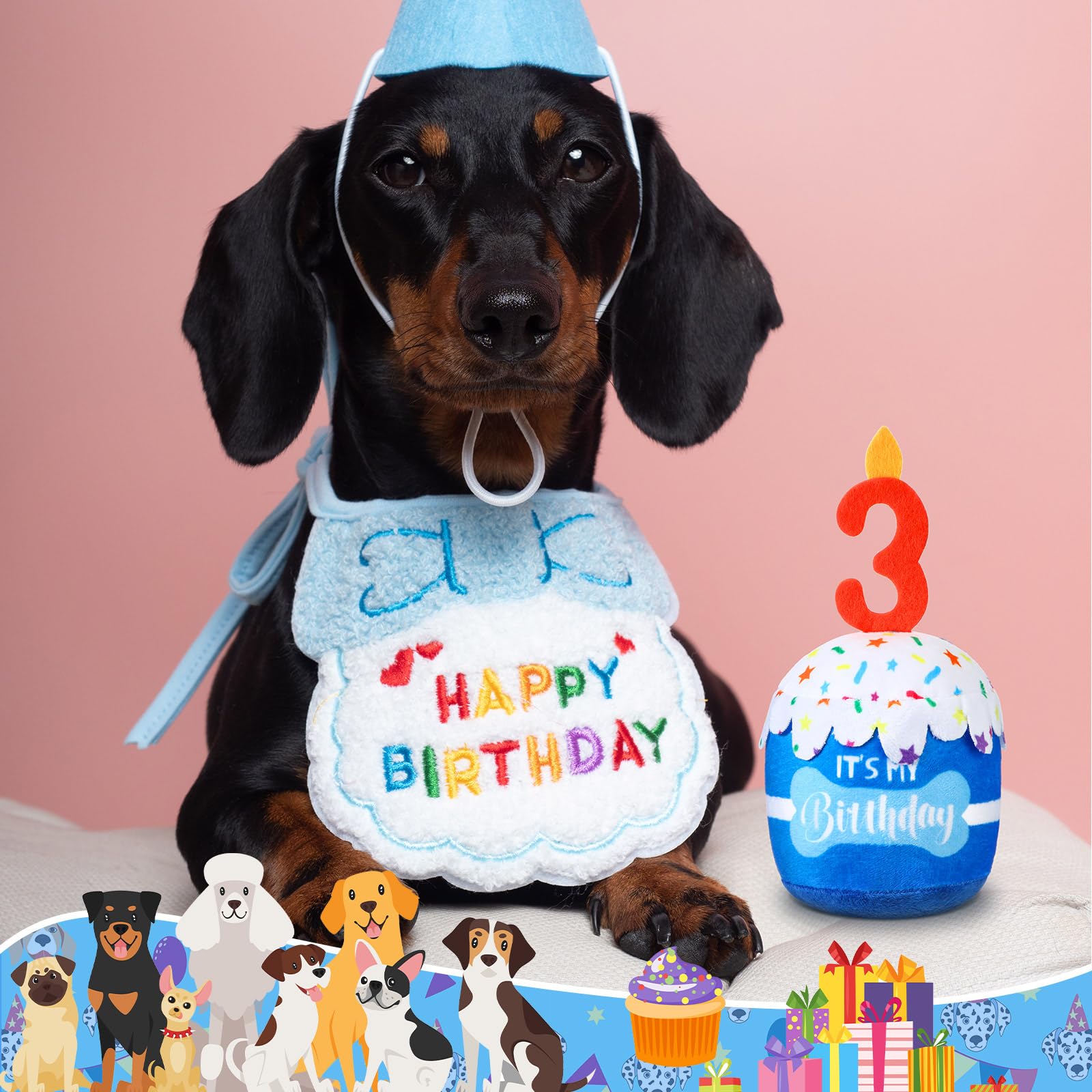 Dansydaisy Dog 3Rd Birthday Cake Toy Accessories For Girl Boy Gifts, Blue Squeaky Plush Toy For Dog Birthday Party Decor Favor F