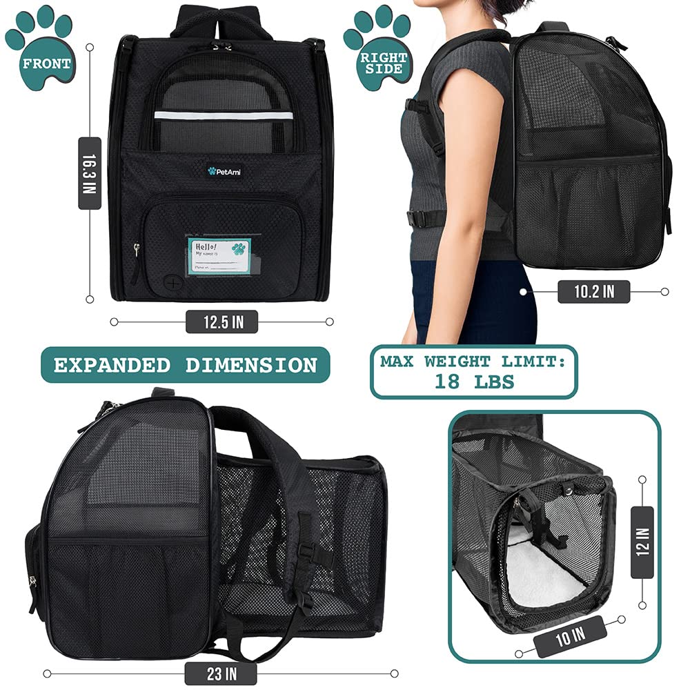 PetAmi Expandable Dog Cat Backpack Carrier, Airline Approved, Soft Back Support, Black, for Small Medium Dogs & Large Cats, 18 lbs