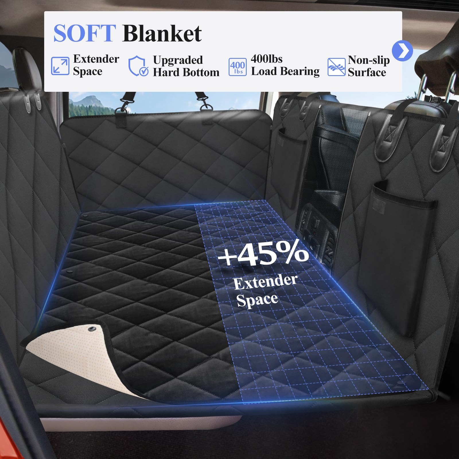 Rouwinne Back Seat Extender For Dogs Truck-With Soft Blanket, Dog Pet Seat Cover Back Seat Hard Bottom Holds 400Lbs, Backseat Do