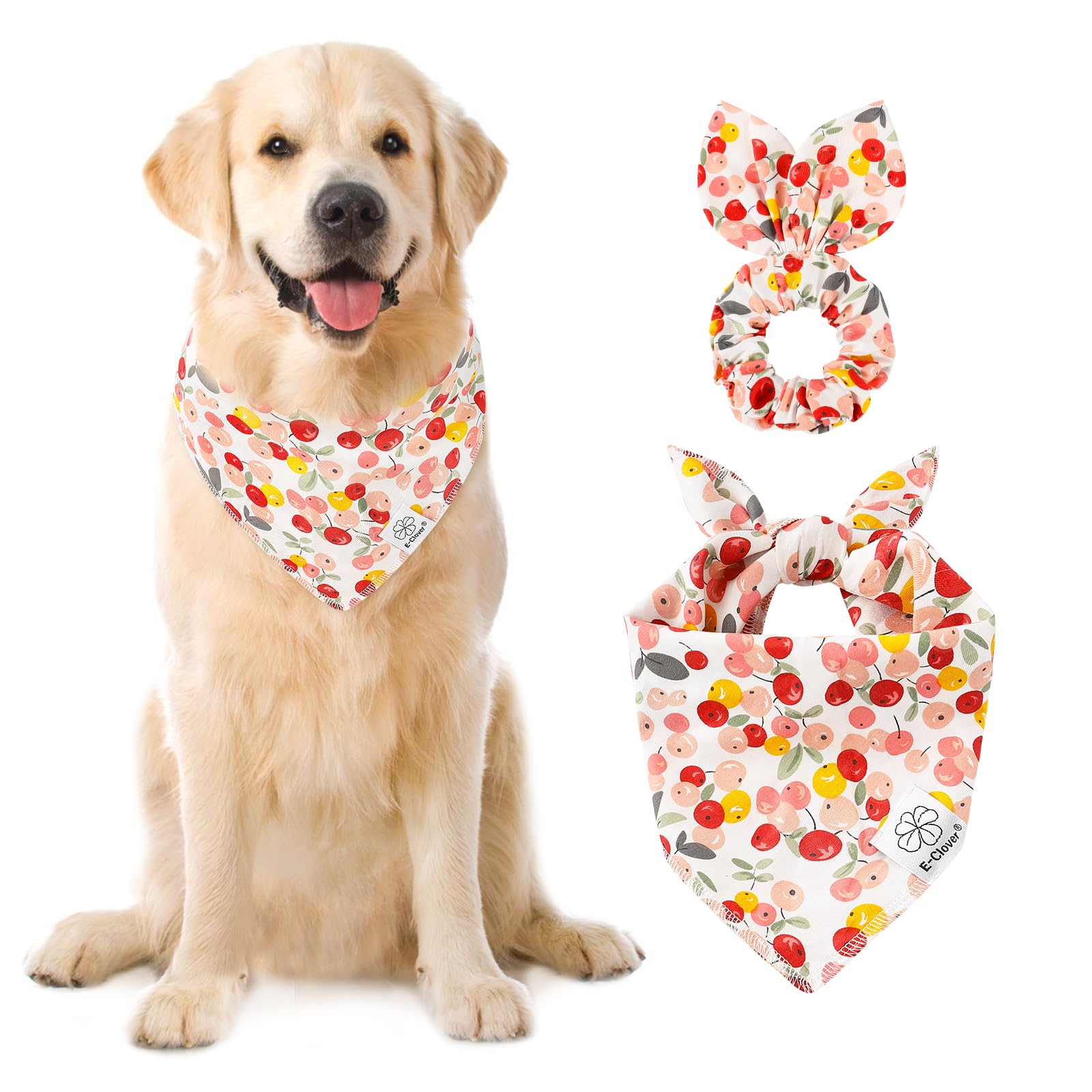 E-Clover Pink Floral Dog Bandanas & Matching Scrunchie Set Cute Dog Scarf Bibs Pet Bandana With Bow Tie For Medium Large Dogs Ow