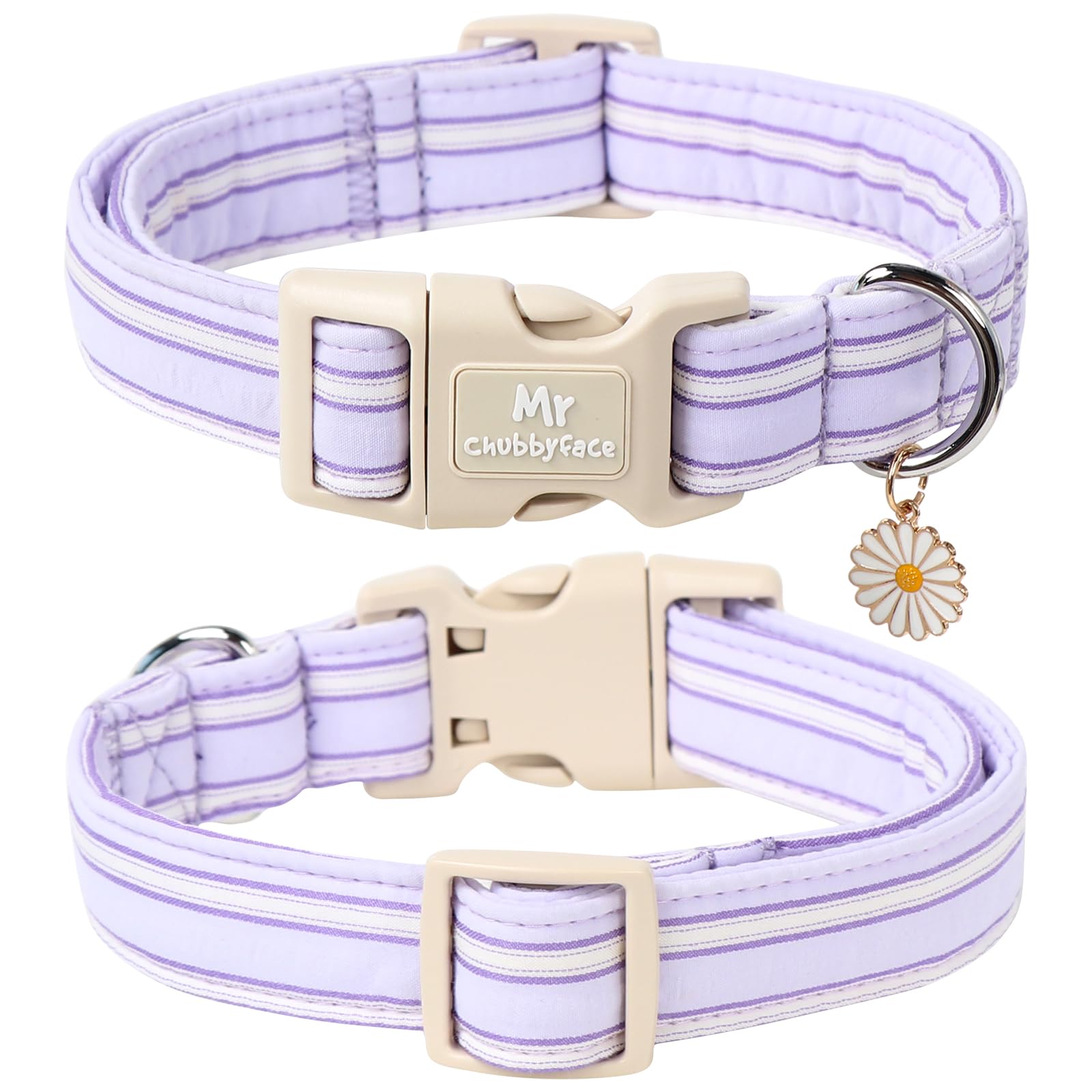 Mr.Chubbyface Cotton Dog Collar, Cute Lavender Summer Puppy Collar With Plastic Buckle, Adjustable Soft Natural Fabric Pet Colla