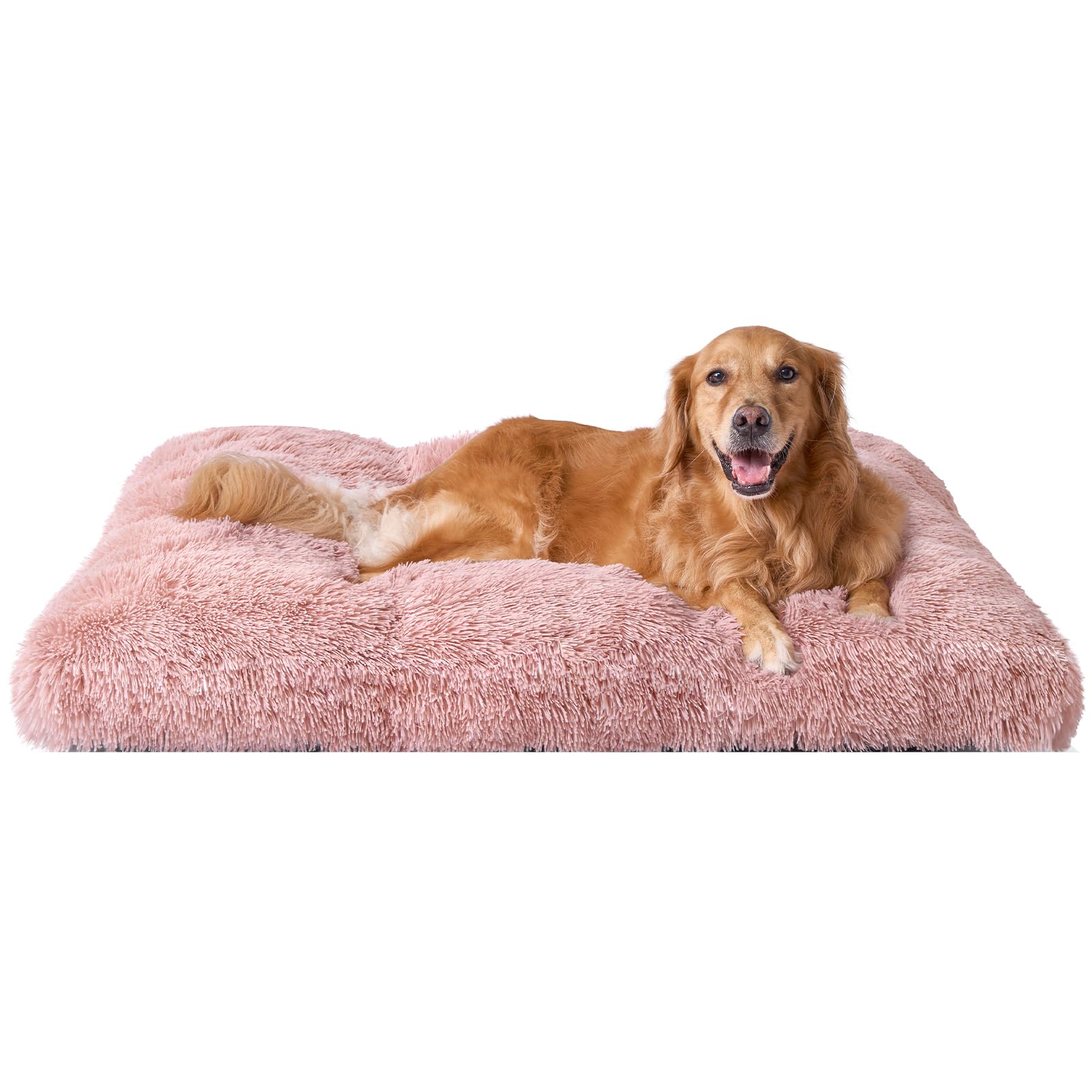 EHEYCIGA Fluffy Dog Crate Bed, XL 41.3"x27.5", Plush Faux Fur, Calming, Pink, Washable, Non-Slip Bottom