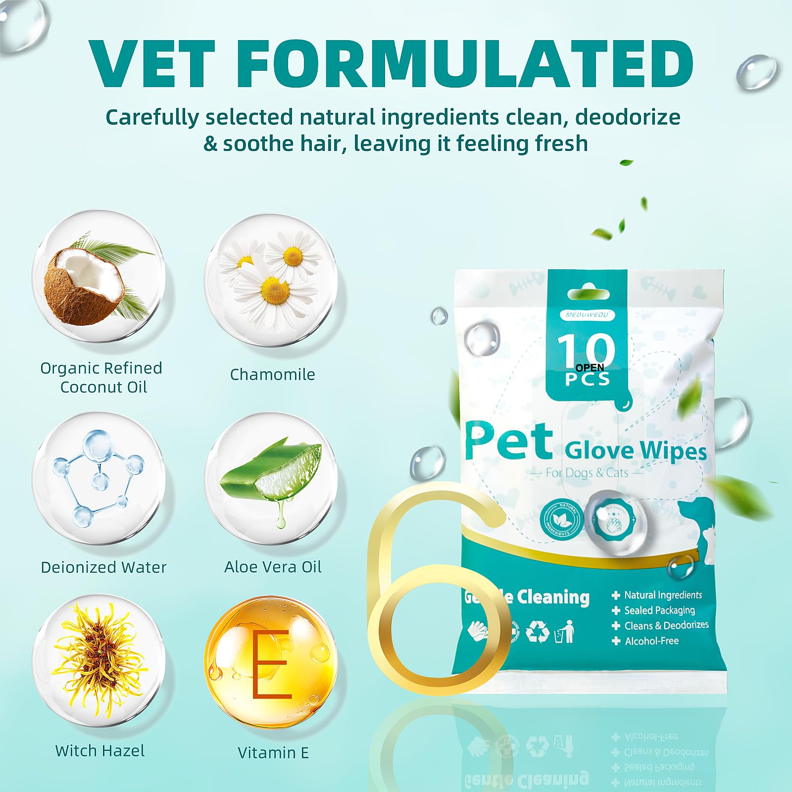 MEDUWEDU [10 Count] No-Rinse Pet Glove Wipes - 5-Finger Design, Coconut Oil & Aloe, Hypoallergenic Grooming Mitts for Dogs & Cat