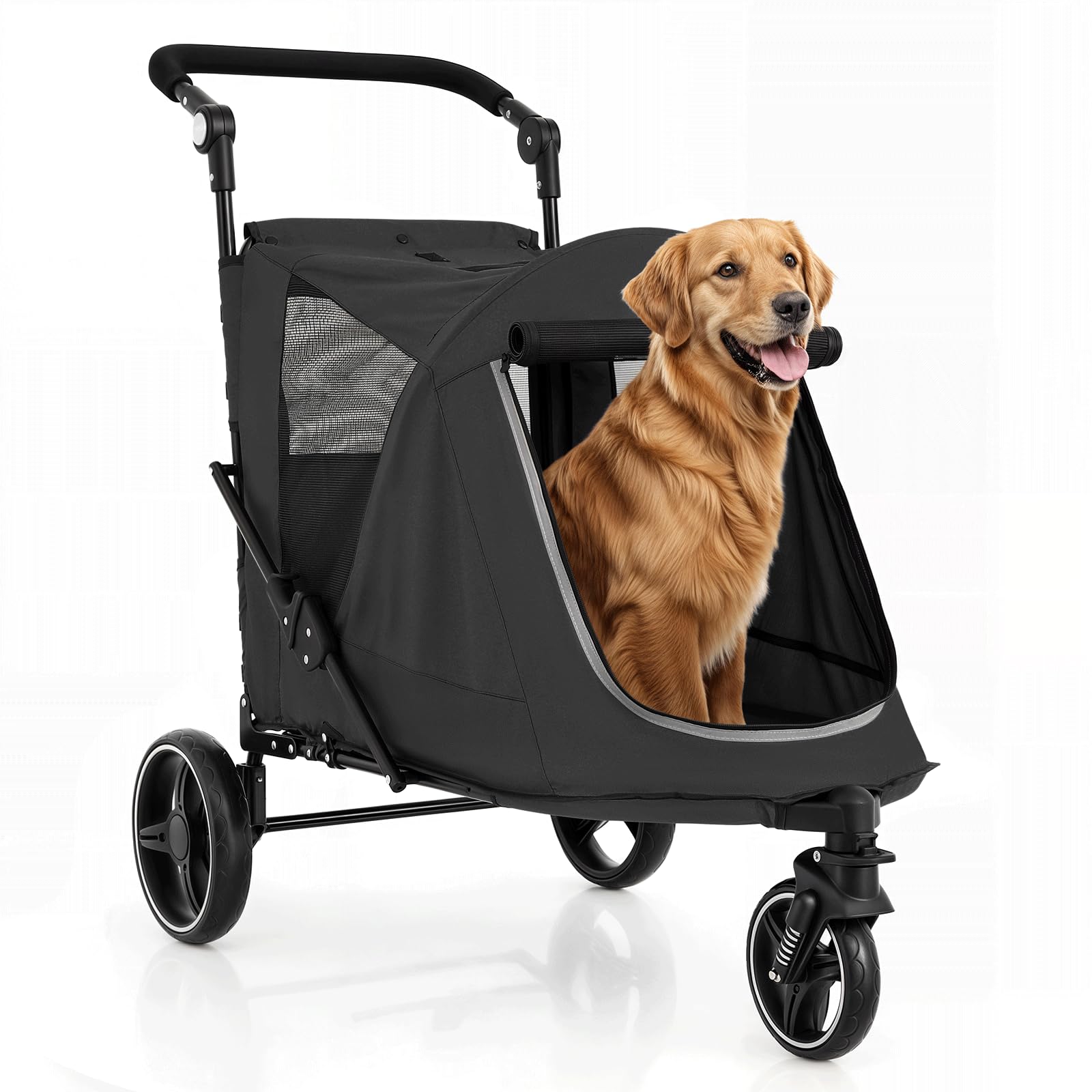 Magshion Pet Stroller For Medium Dogs W/Adjustable Handle, 3-Wheel Dog Cat Wagon W/Dual Entry, Rear Storage, Breathable Mesh, On