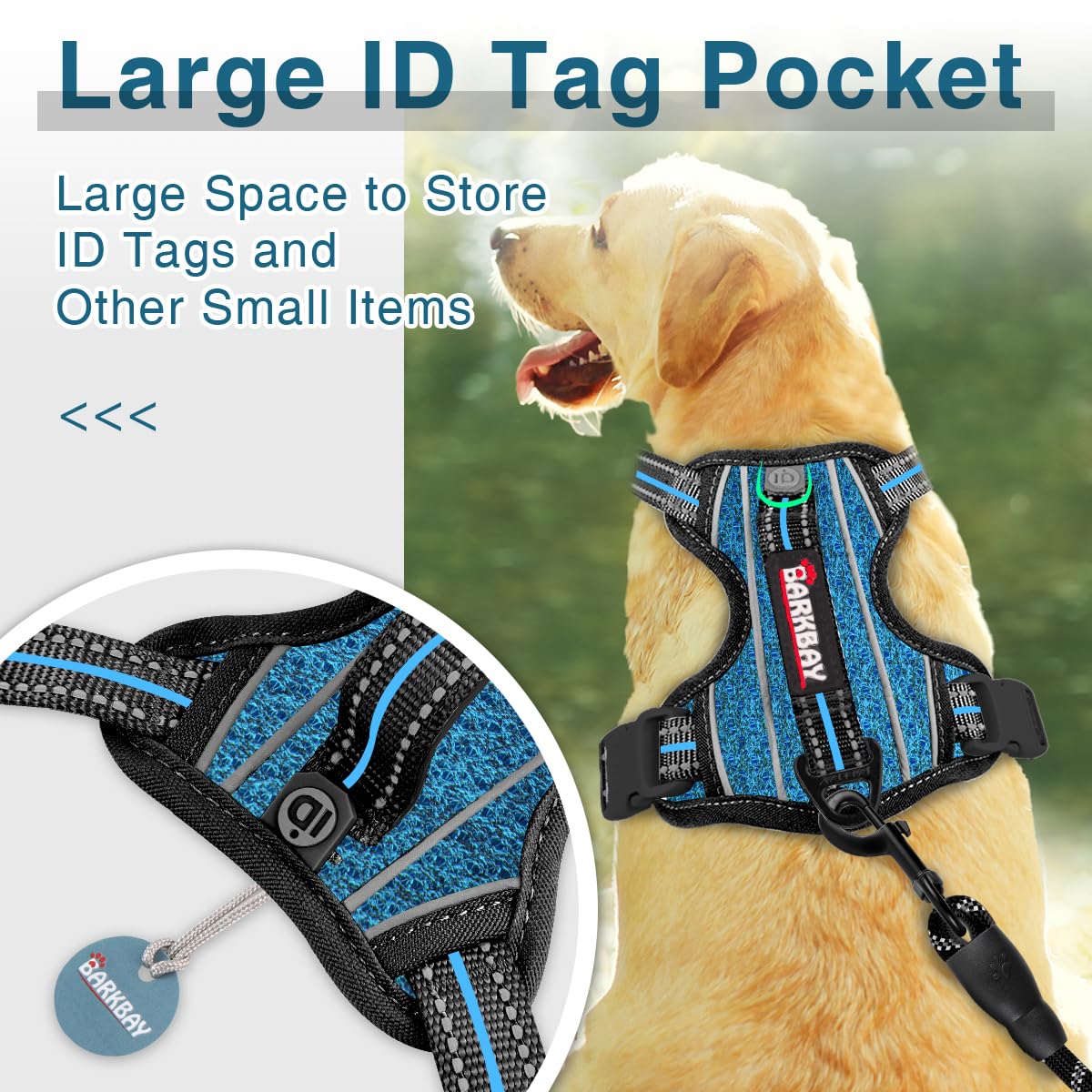 Barkbay Dog Harness No Pull With Id Tag Pocket - Heavy Duty, Reflective, Easy Control For Large Dogs (Blue/Black,L)