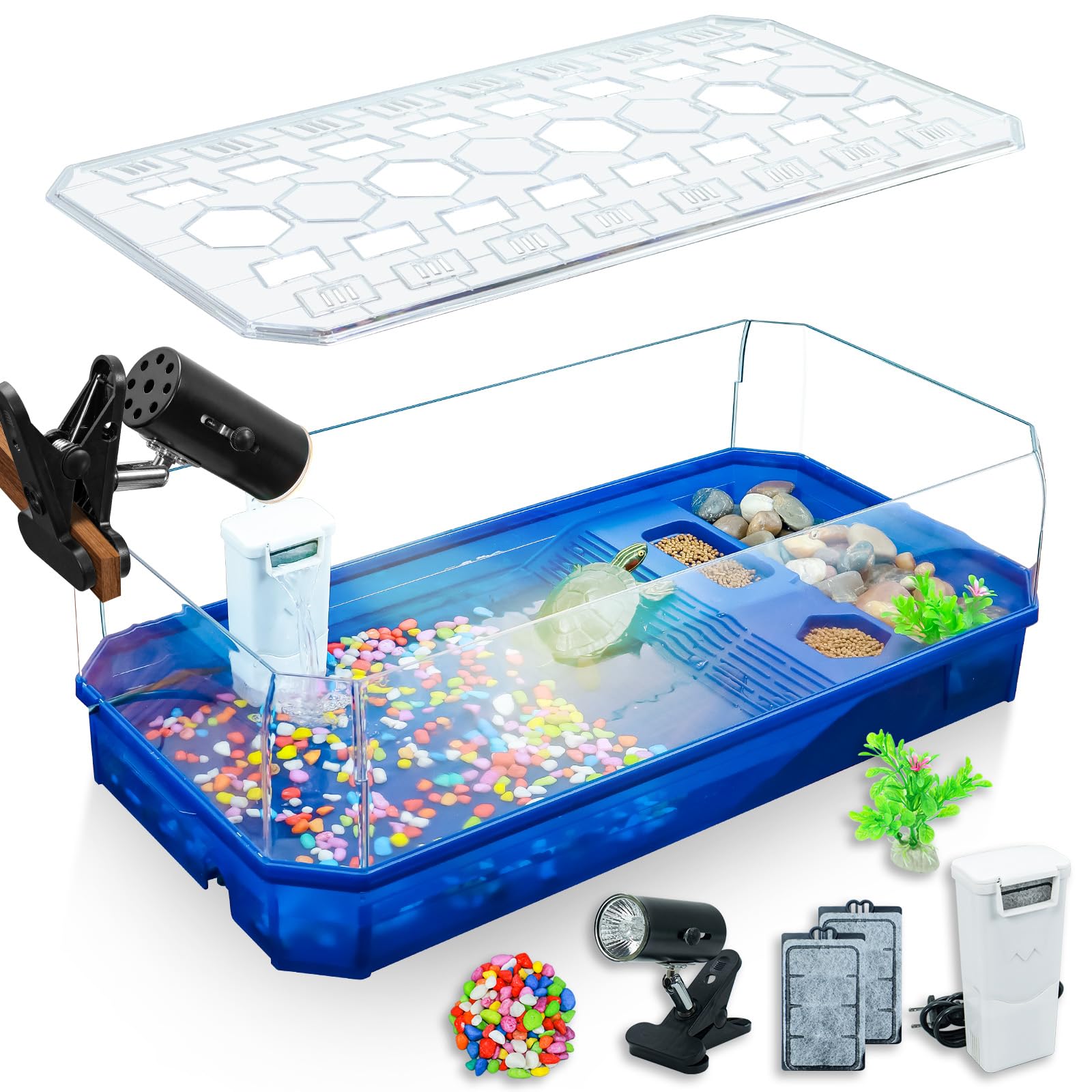 Binano Aquatic Turtle Tank Habitat Kit Stone+Filter+Heat Lamp Enhancing Interaction With 360 Viewing, Standalone Filtration, Diy