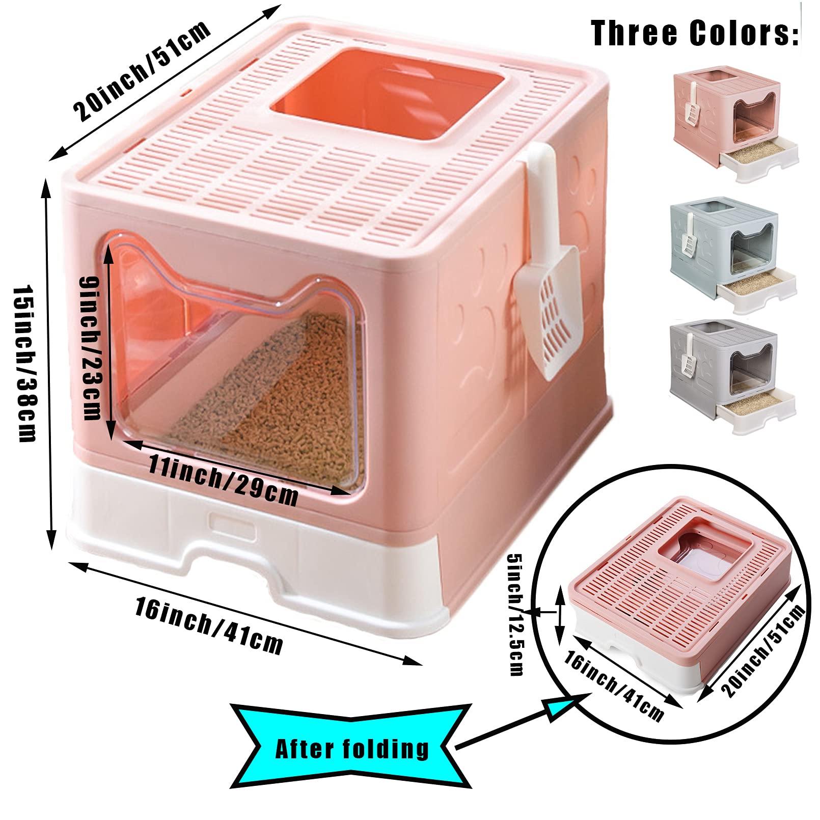 Hamiledyi Foldable Large Cat Litter Box Enclosed Cat Potty With Drawer Top Entry Type Anti-Splashing Cat Toilet With Lid And Cat Litter Scoop No Smell Cat Supplies For Cats And Kittens-Pink