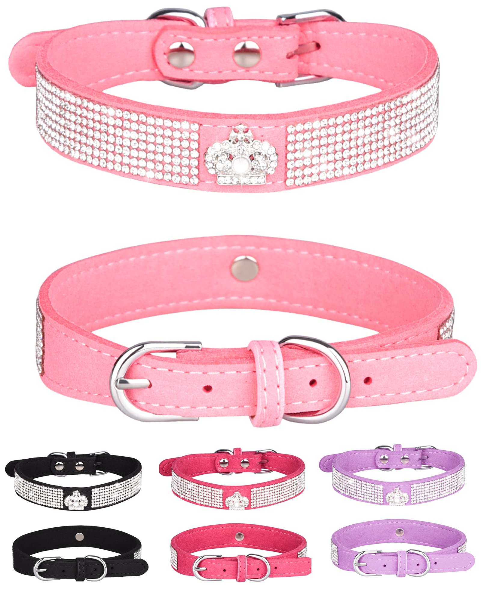 Dog Collar For Small Dogs, Adjustable Leather Suede Bling Dog Collars,Pink Dog Collar Cat Collar, Rhinestone Dog Collar (L, Pink