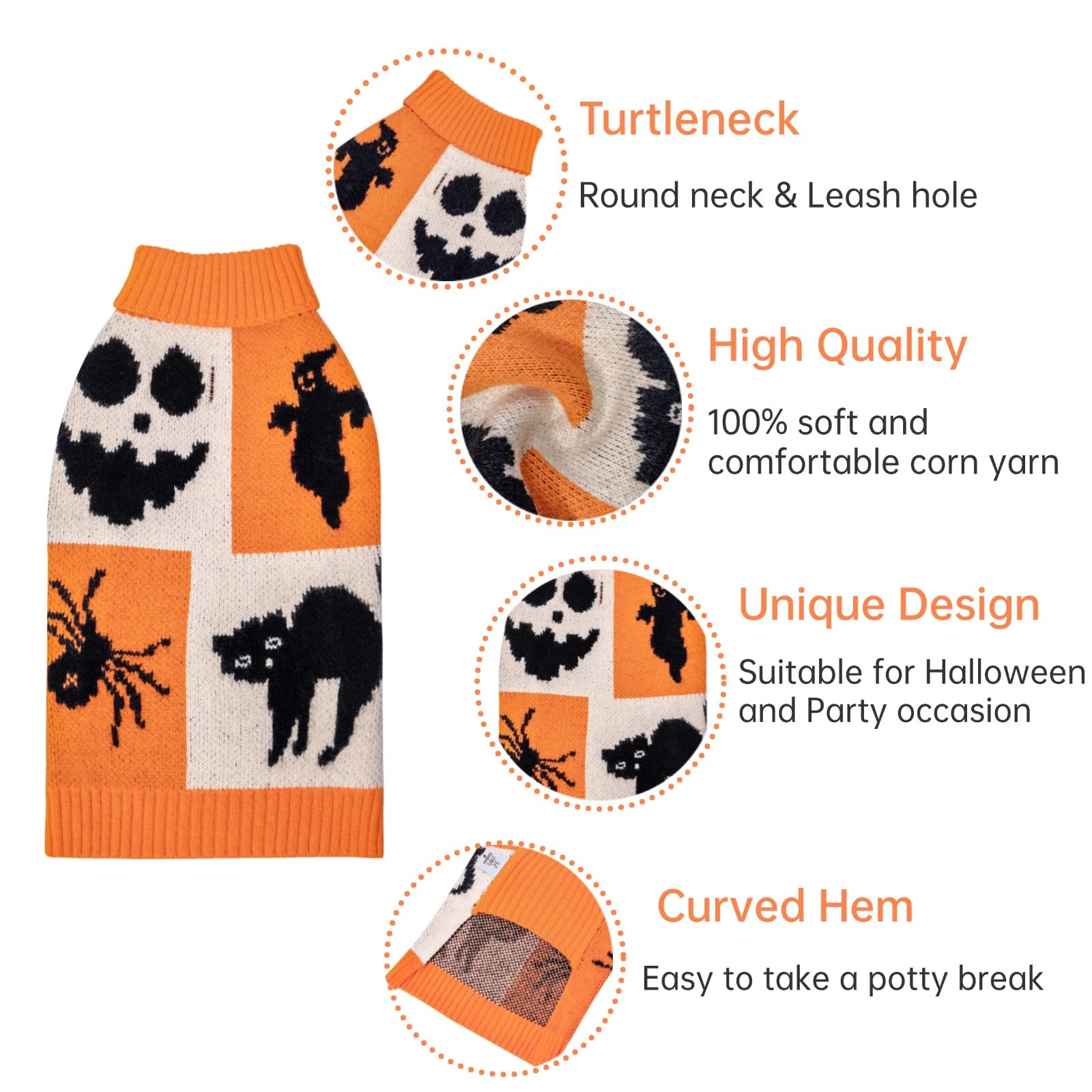 Cutebone Halloween Dog Sweater For Small Medium Dogs Ghost Knit Turtleneck Pet Winter Clothes Cat Apparel With Harness Hole