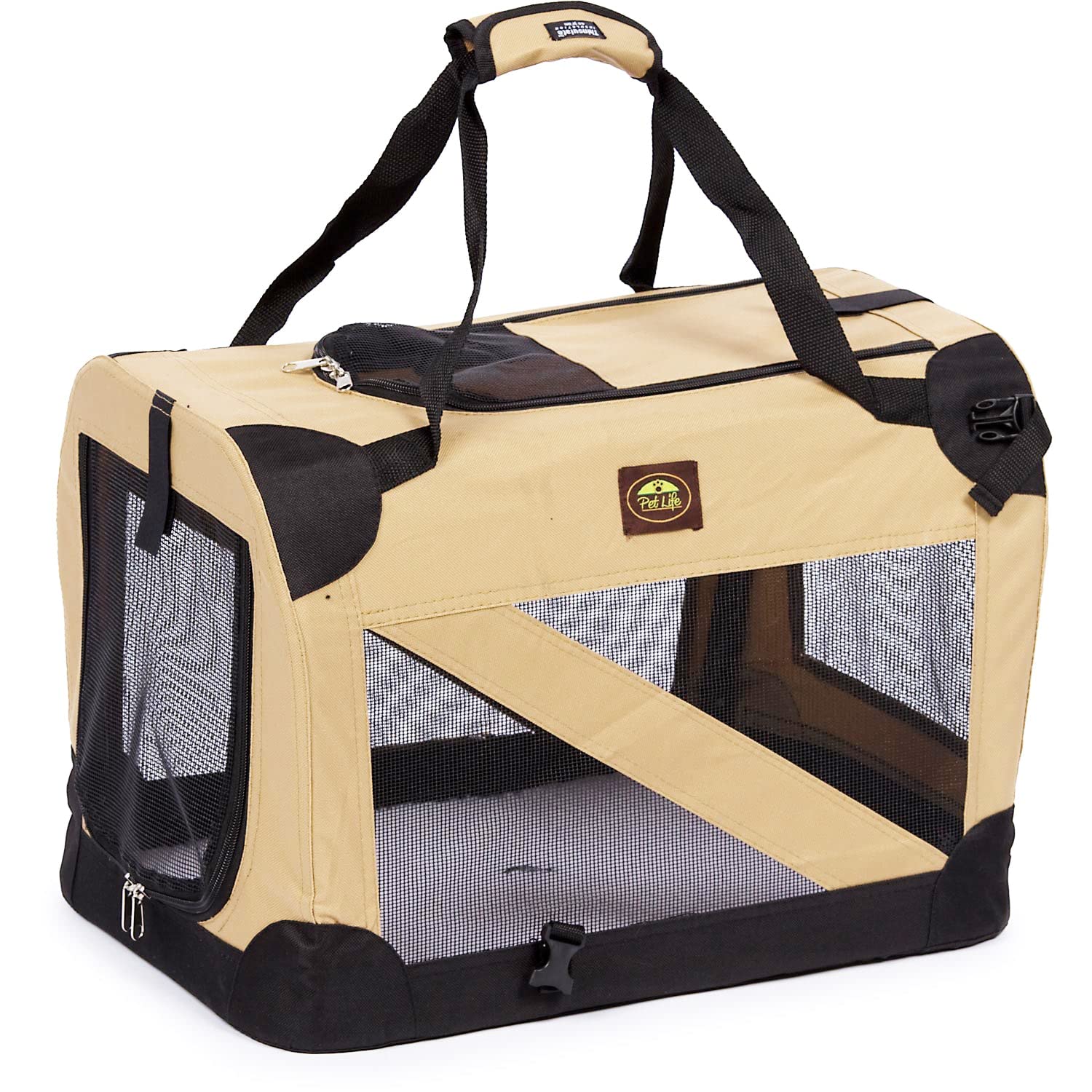 Pet Life '360° Vista View' Zippered Soft Folding Collapsible Durable Metal Framed Pet Dog Crate House Carrier, X-Small, Khaki