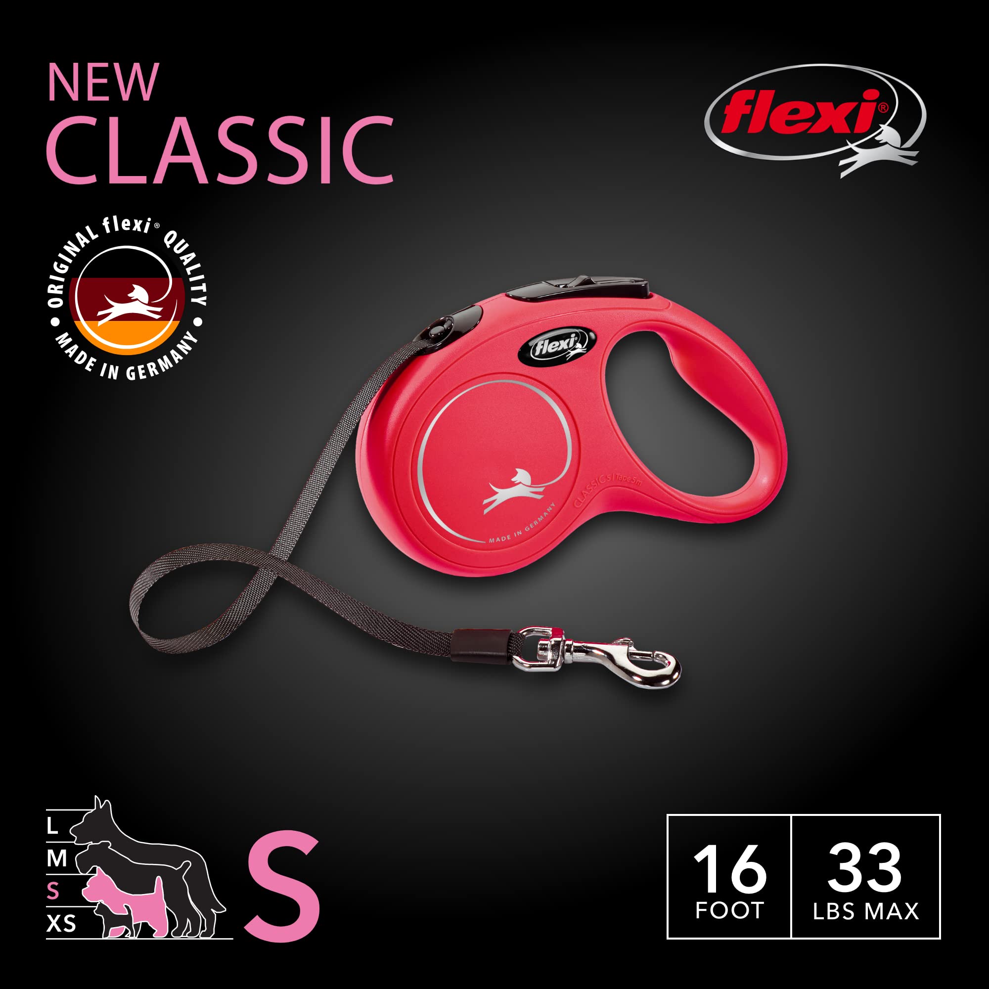 FLEXI Retractable Dog Leash - 16ft, Red, Nylon, for Small Dogs up to 33 lbs, One-Handed Brake, Model CL10T5.250.R.20