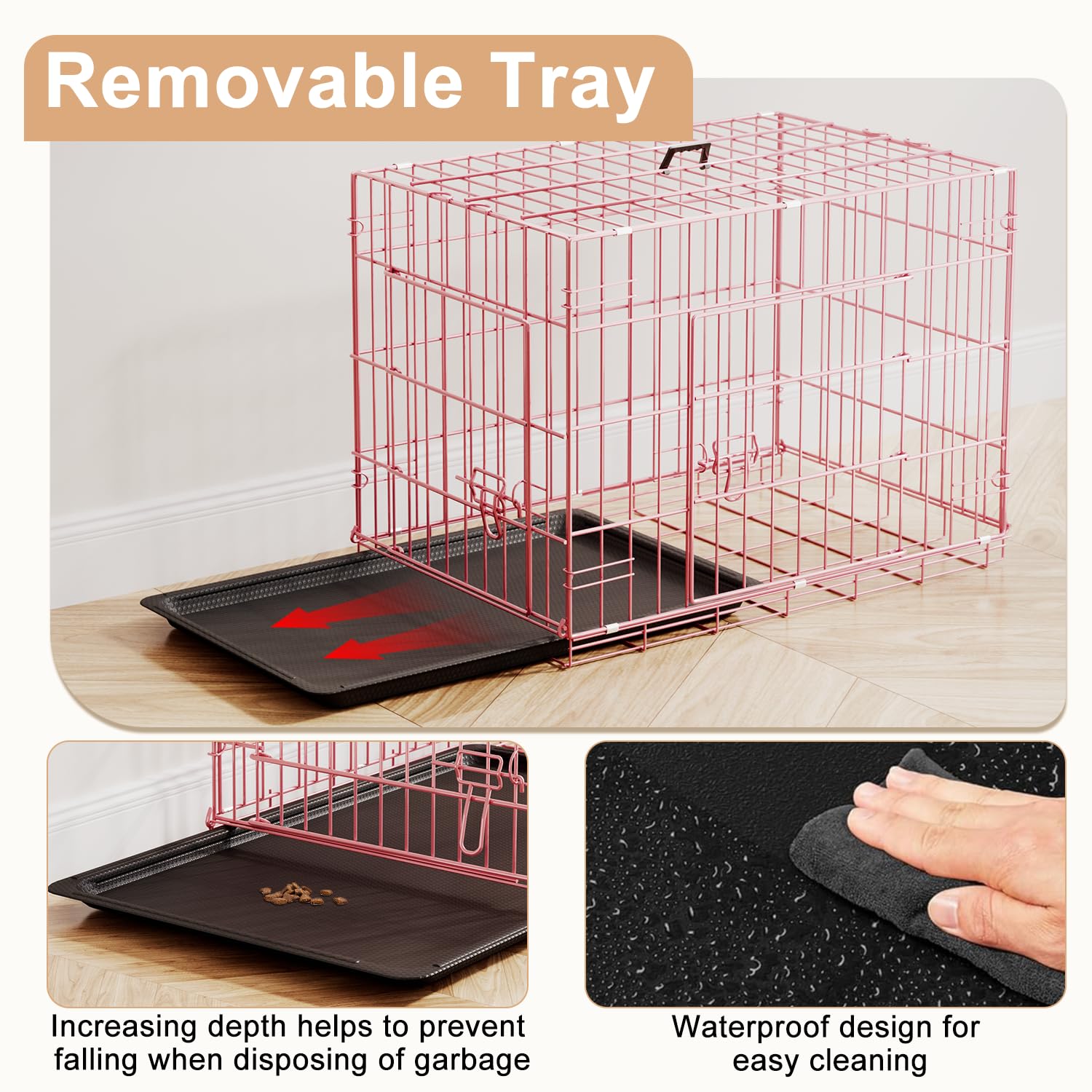 FDW 24inch Dog Crate Pet Cage with Metal Folding Design Plastic Tray Indoor Outdoor Dog Kennel Cage for Small Dogs,Pink