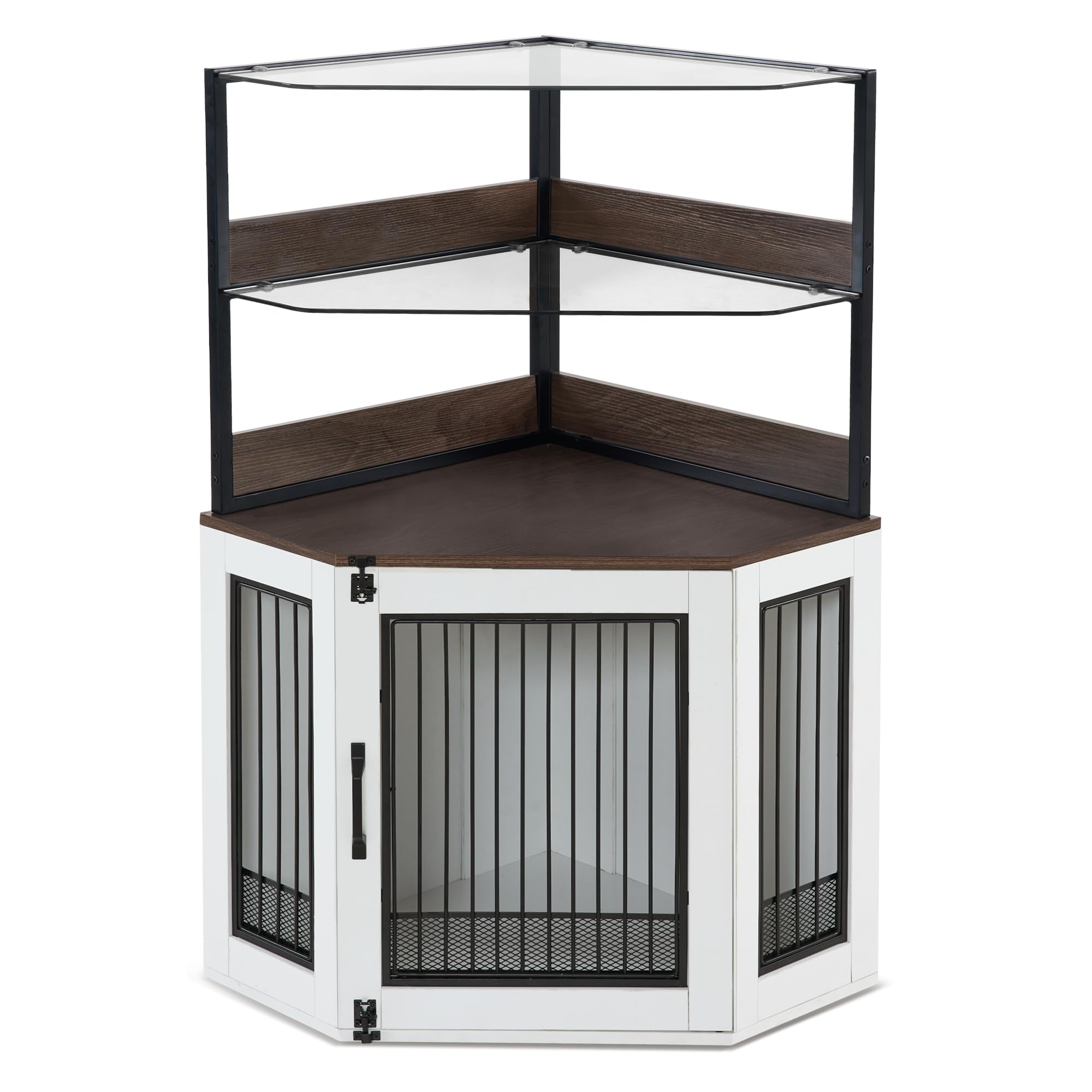 MCombo Small Corner Dog Crate Furniture with Glass Shelves, Wooden Dog Kennel Furniture with Door, Pet Crate Indoor Use, CN17 (W