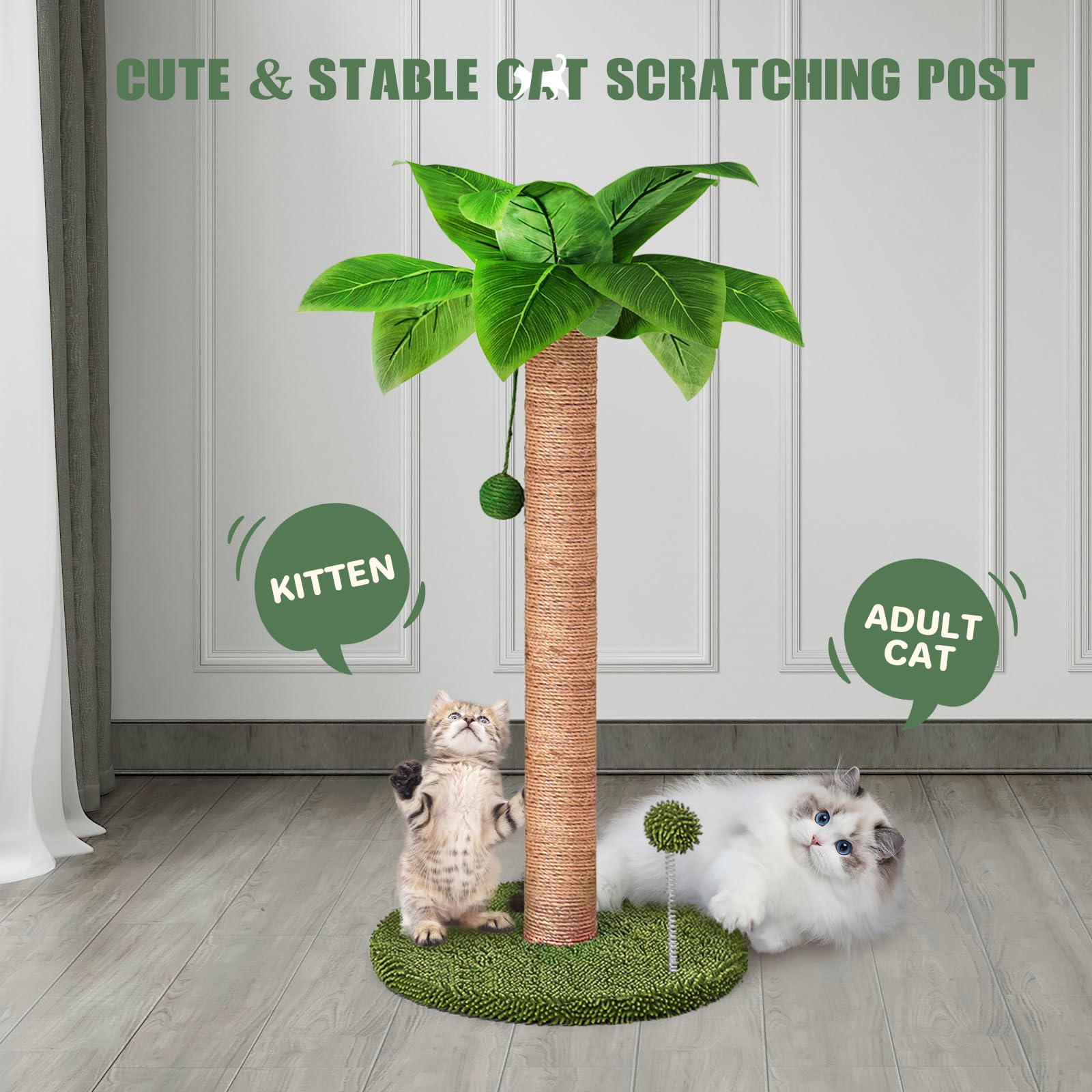Dohump Cat Scratching Post, 31'' Tall Scratch Tree With Premium Sisal Rope, Two Interactive Dangling Balls And Spring Ball Toys