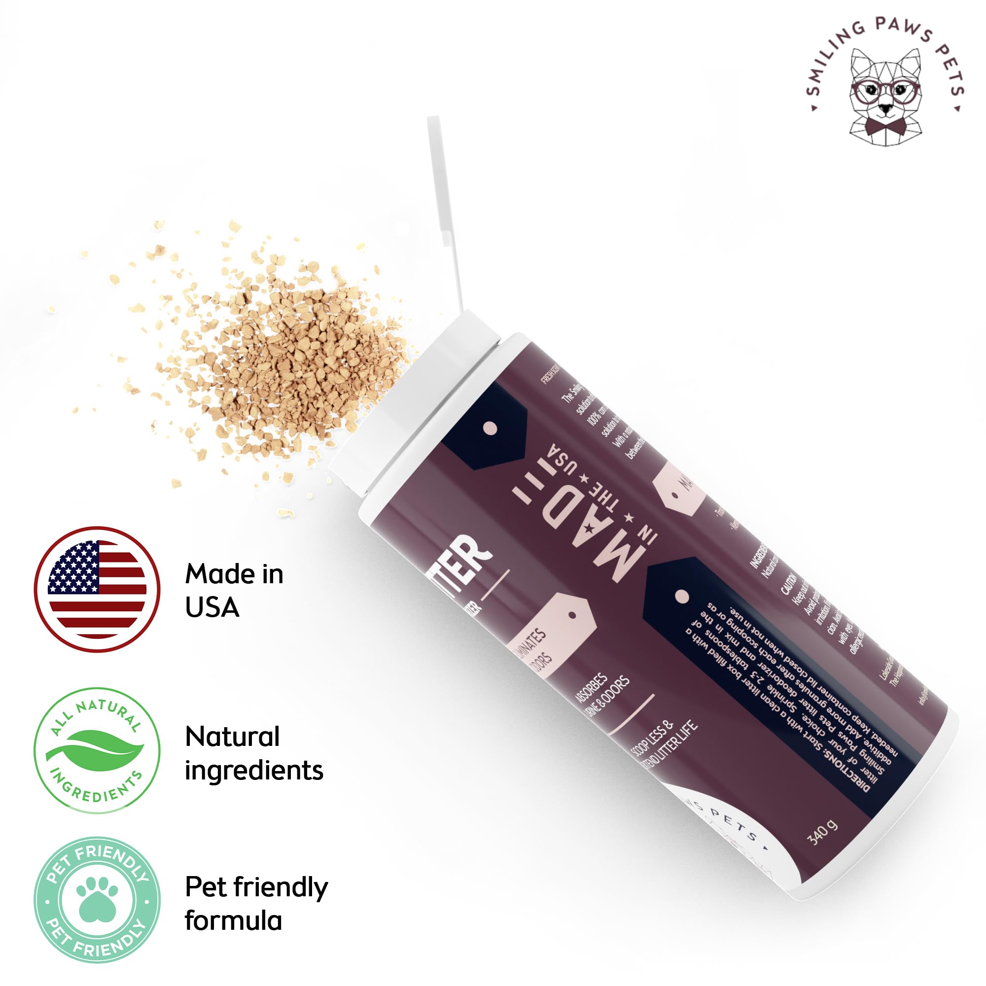 Smiling Paws Pets Organic Cat Litter Deodorizer - Kitty Litter Deodorizer, Box Scent Remover, & Moisture Absorber - 3-In-1 Odor