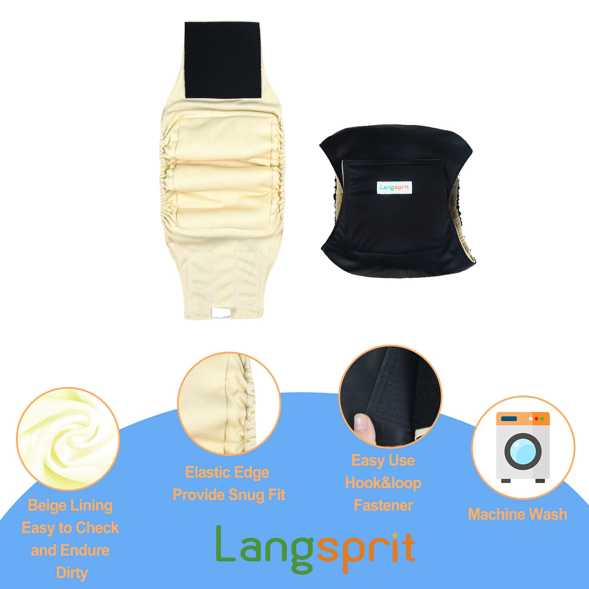 Langsprit Male Belly Bands for Dogs (Pack of 3) - High Absorbing Dog Wraps Male Washable - Reusable Male Dog Diapers (Black, X-S