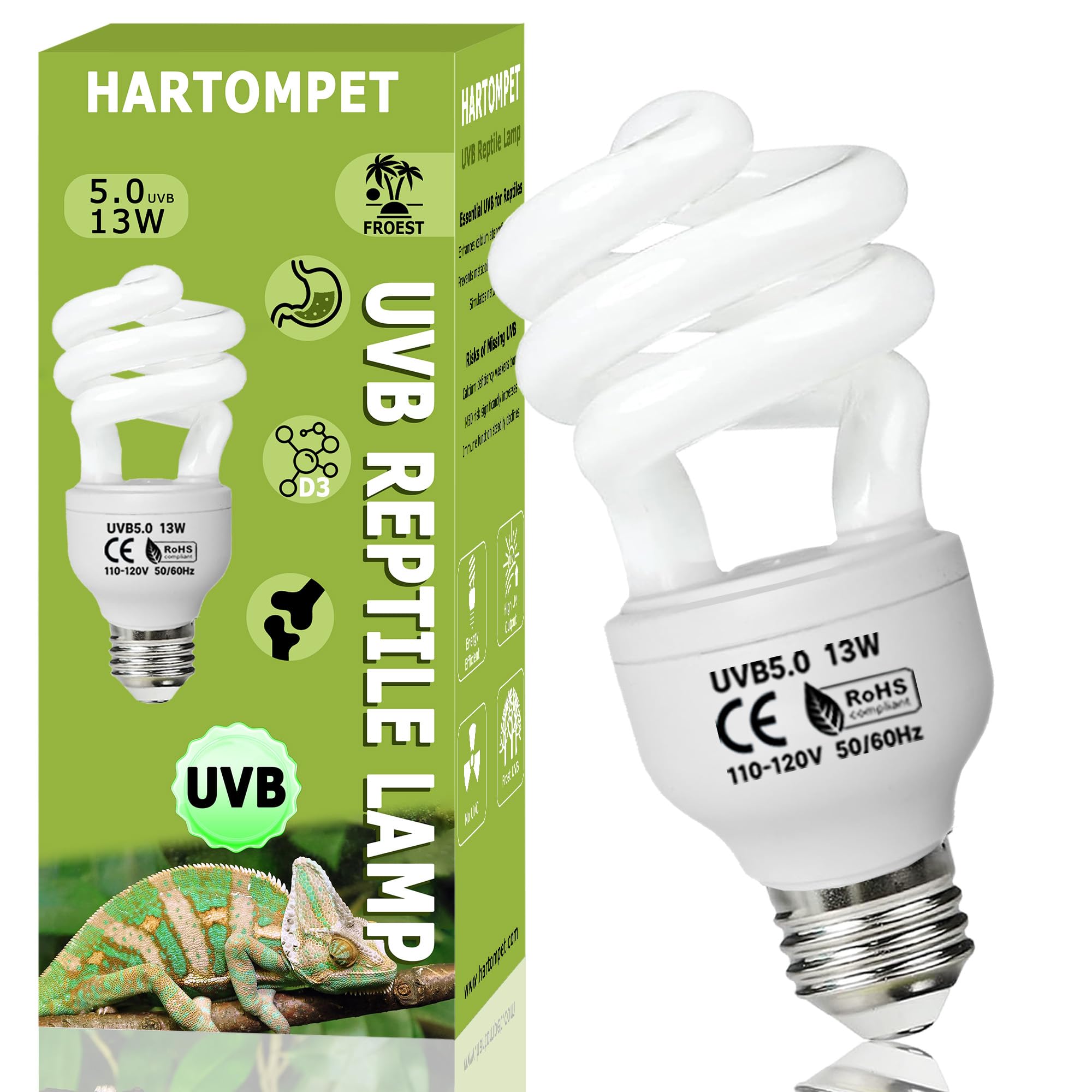 Hartompet Uvb 5.0 Reptile Light 13W, Tropical Terrarium Compact Fluorescent Lamp, Coil Uva-Uvb Bulbs For Chameleons, Lizard, Tur