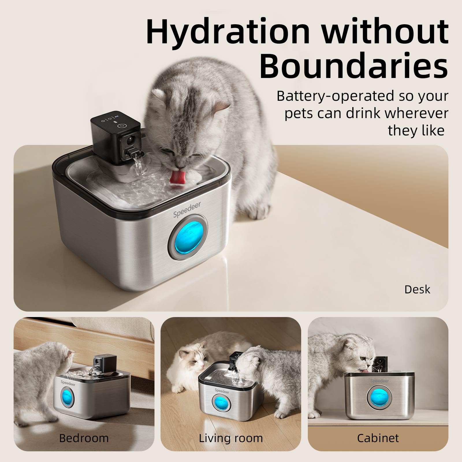Speedeer Wireless Cat Water Fountain Stainless Steel, 135oz/4L Pet Fountain Battery Operated, Cordless Running Water Dispenser f