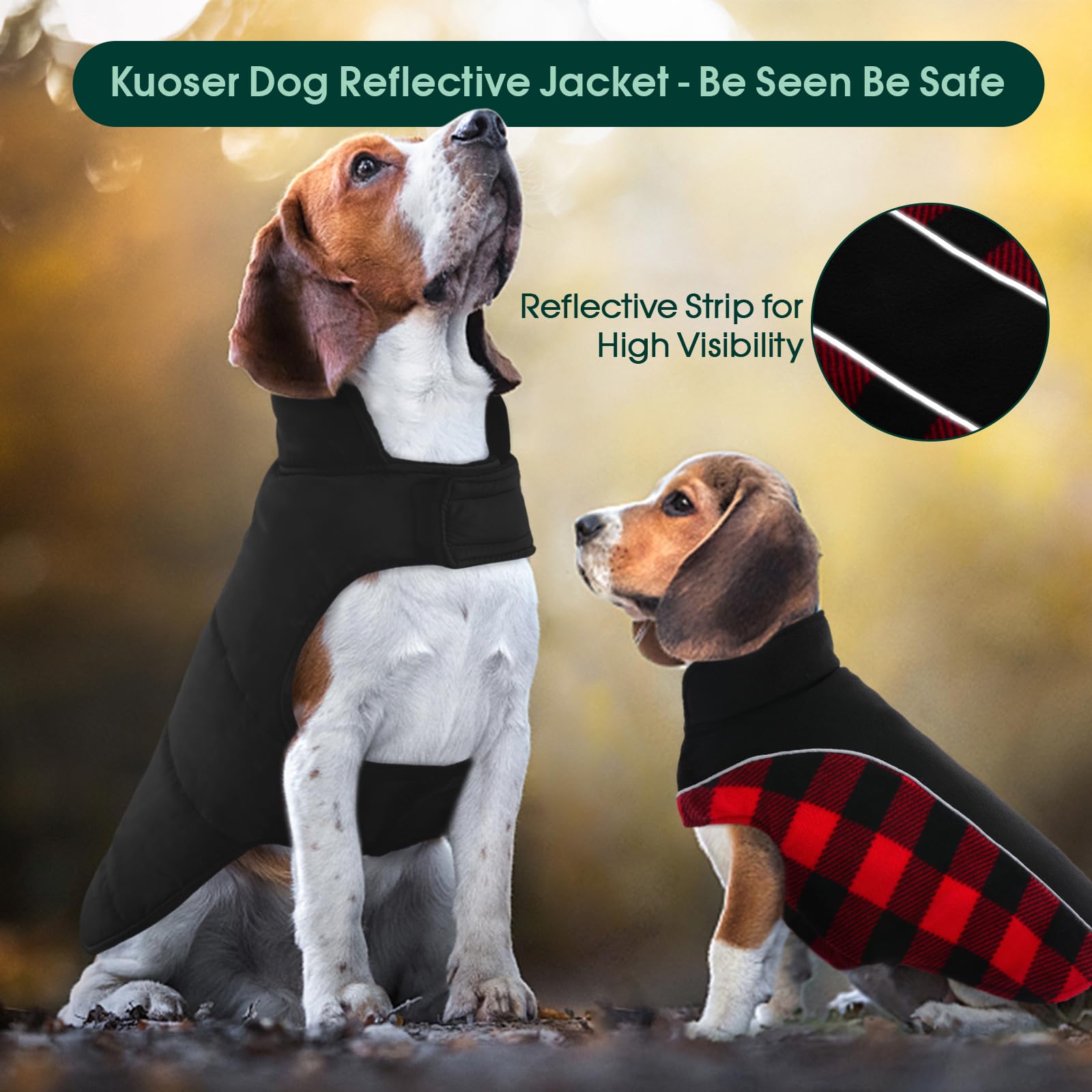 Kuoser Reversible Coat - Warm Waterproof Dog Jacket, British-Style Plaid Winter Coats For Large Dogs