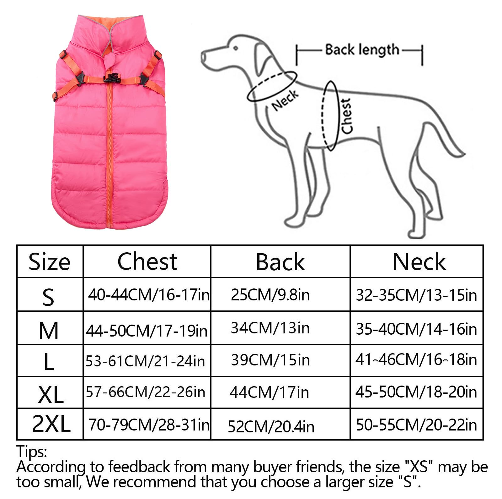 Geyecete Winter Warm Coat Waterproof Dog Winter Jacket with Harness Traction Belt,Windproof Pet Outdoor Jacket-Pink-XL