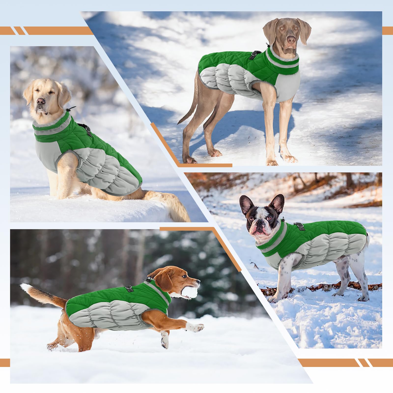 Ouobob Dog Jackets For Medium Dogs,Medium Dog Coat,Warm Dog Winter Coat Zip Up Back,Waterproof Dog Jacket With D-Ring,Dog Cold Weather Coats With Fleece Lined, Dog Snowsuit Pug Boston Terrier Green M