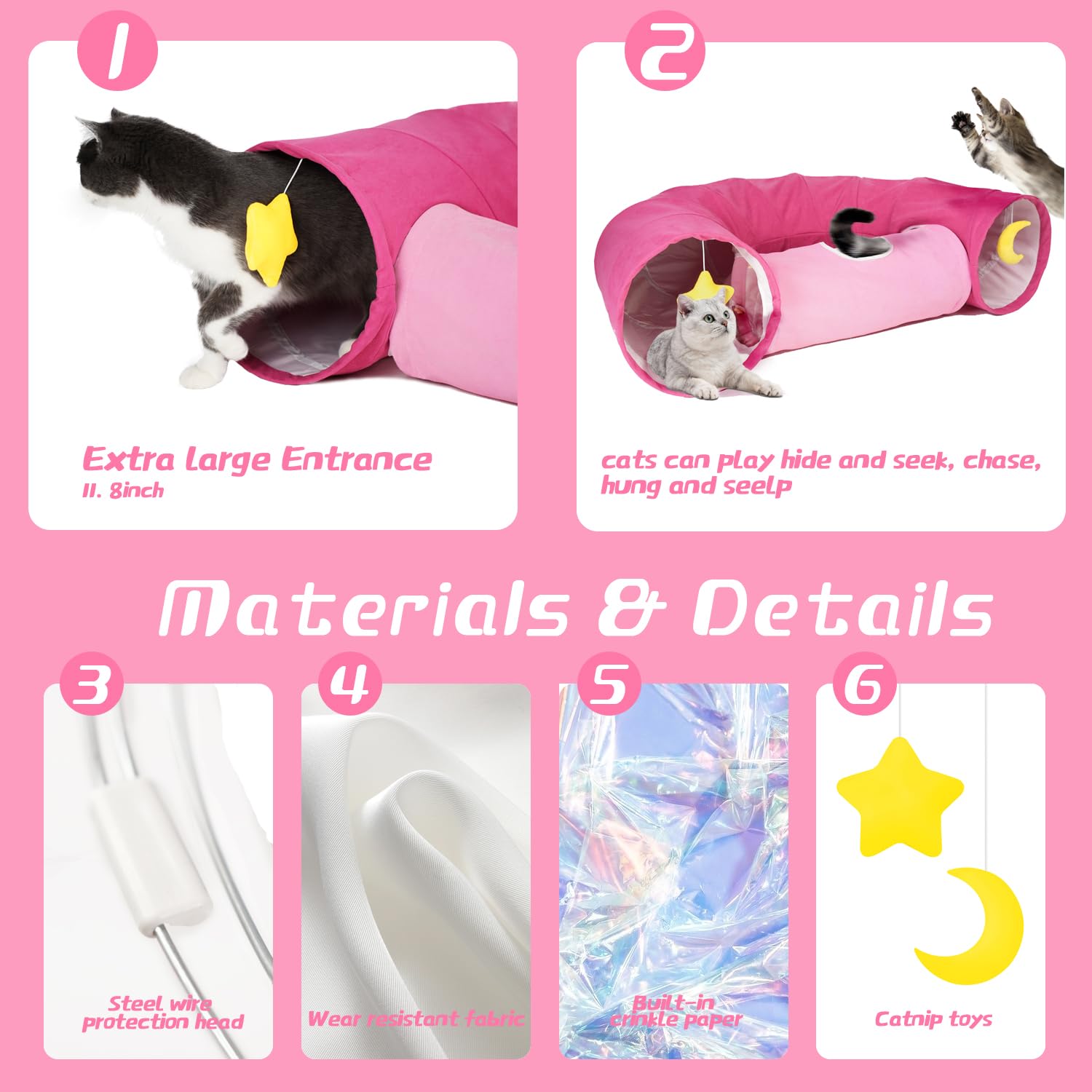 Paopo Cat Tunnels For Indoor Cats Collapsible Large Cat Tunnel Cute Cat Tunnel Toy For Cat,Kitten,Puppy,Rabbit,Pink