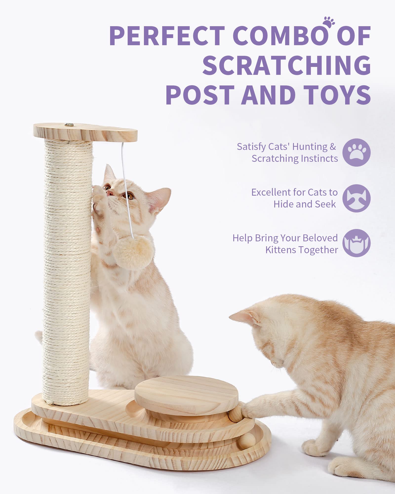 Made4Pets Cat Scratching Post Cat Scratcher Kitten Toys For Indoor Cats Wooden Ball Track Two-Layer Modern Sisal 17.7' Tall Scratch Post Interactive Toy With Dangling Ball