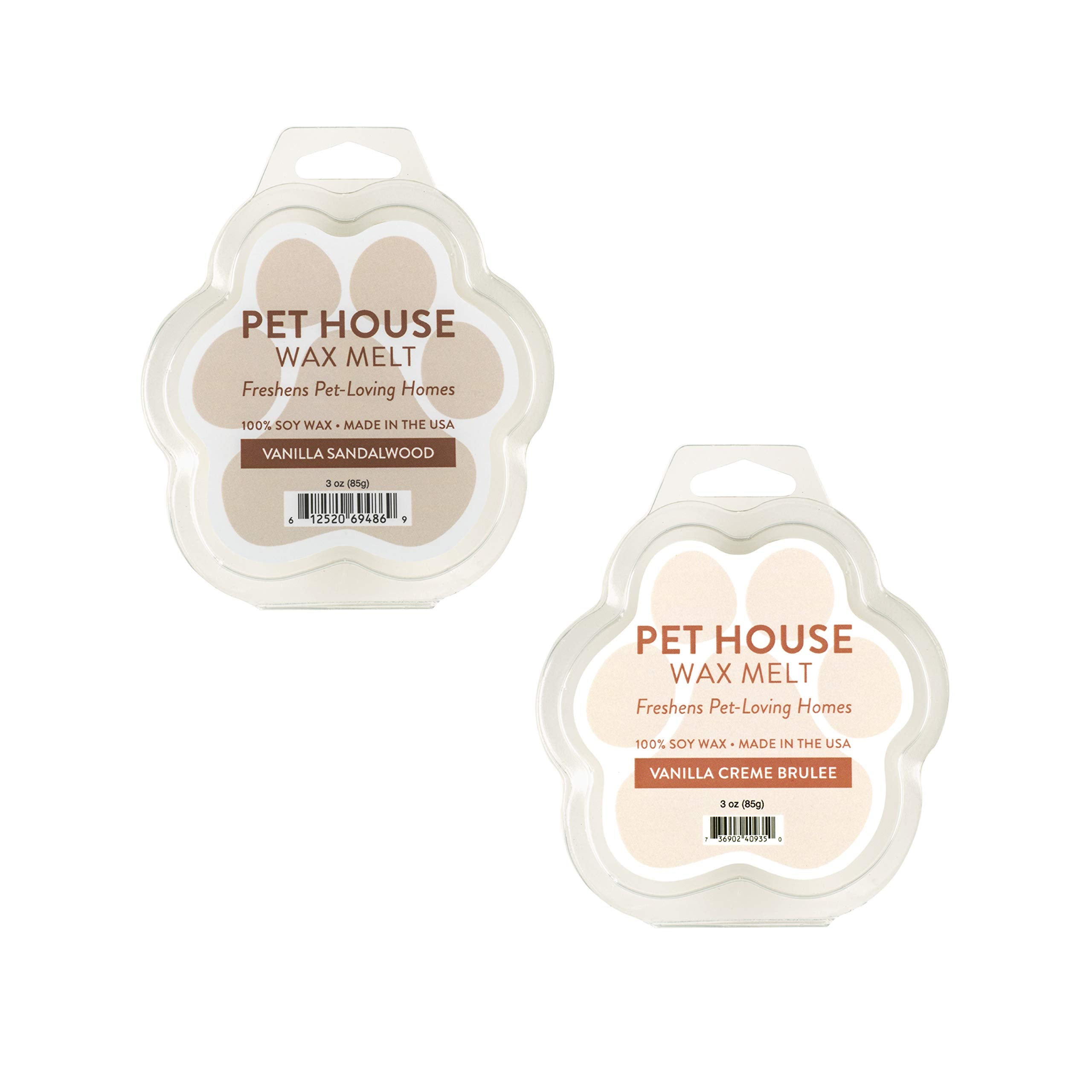 One Fur All 100% Natural Plant-Based Wax Melts By Pet House - Long Lasting Pet Odor Eliminating Wax Melts Non-Toxic, Dye-Free Unique, Made In Usa-(Pack Of 2, Vanilla Sandalwood/Vanilla Creme Brulee)