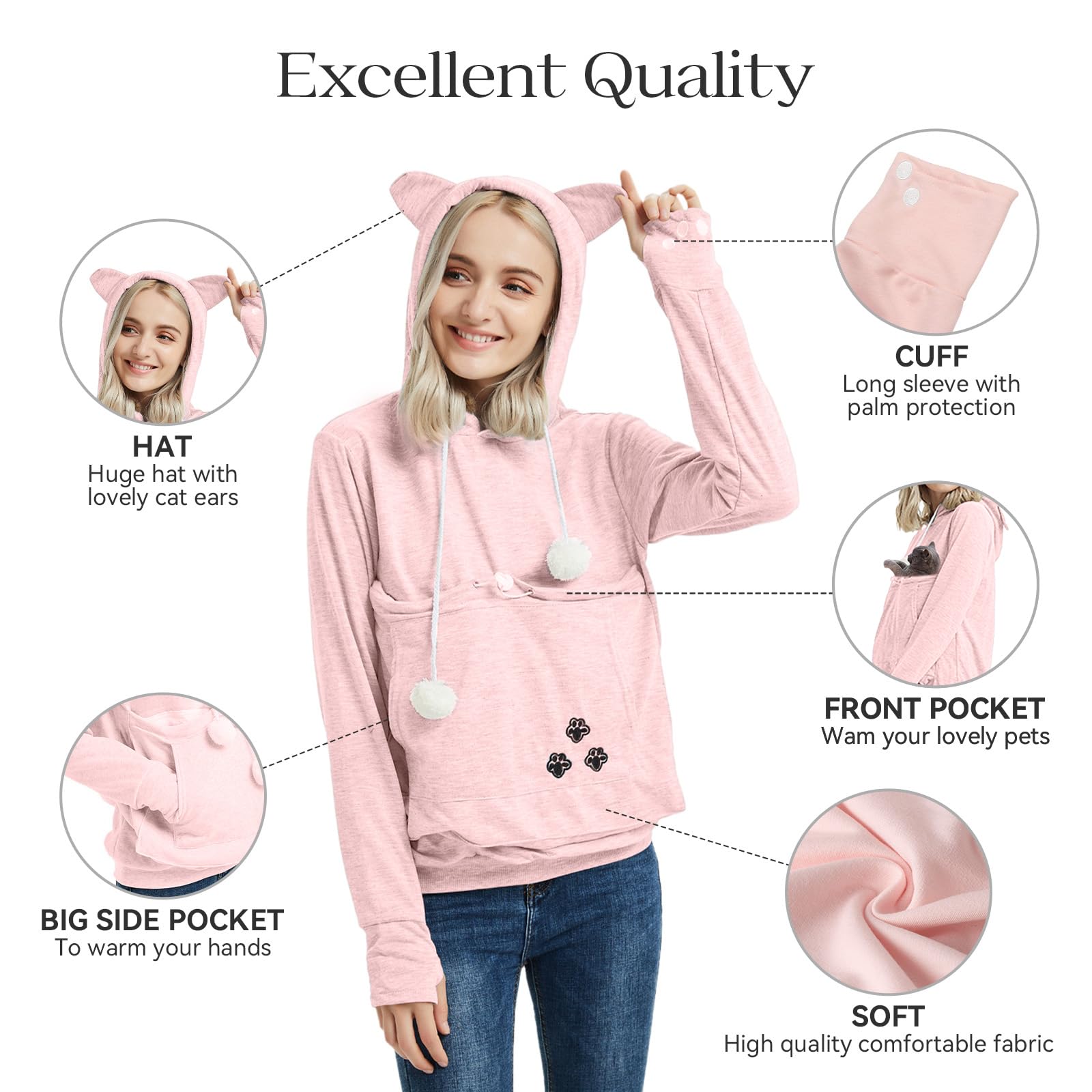 Yyw Womens Pet Hoodies Pullover Sweatshirt Oversized Cat Hoodies Pet Holder Cat Dog Pouch Carriers (Pink,X-Large)