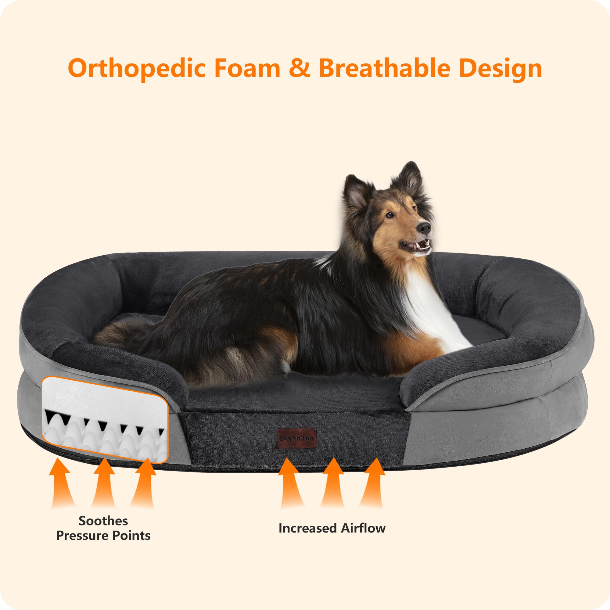 Dwanton Orthopedic Dog Bed For Large Dogs, Waterproof Dog Sofa With Egg Foam Support, Washable Pet Bed With Four Sided Bolster C