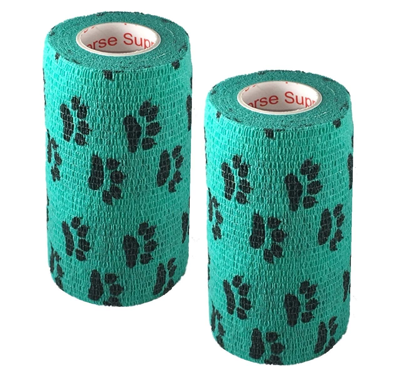 Vet Wrap Wrap Tape (Teal with Paws) (2 Pack) (4 Inch x 15 feet) Self Adhesive Adherent Adhering Cohesive Flex Self Stick Bandage
