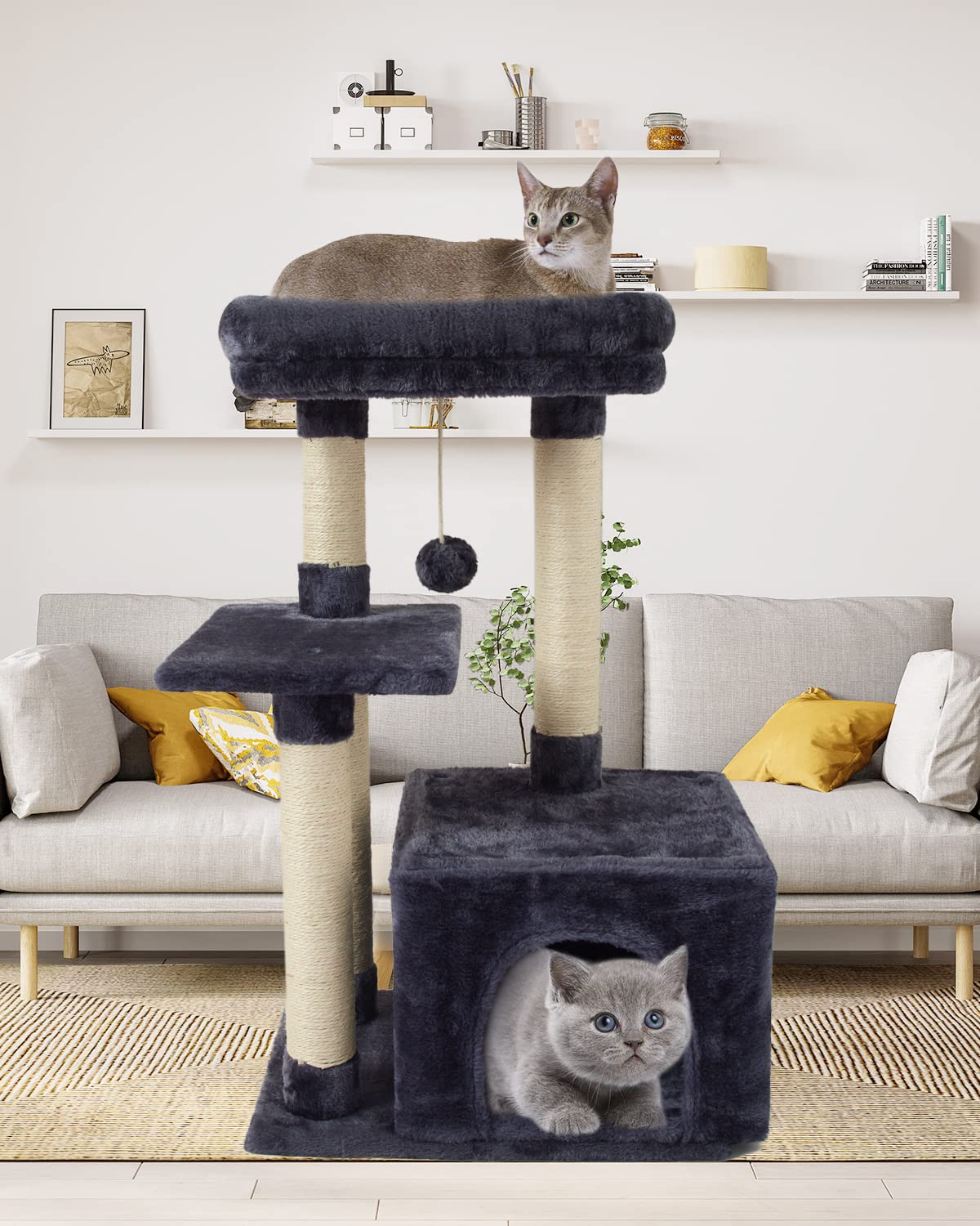 Fish&Nap Us11Yh Cute Cat Tree Kitten Cat Tower For Indoor Cat Condo Sisal Scratching Posts With Jump Platform Cat Furniture Activity Center Play House Smoky Grey