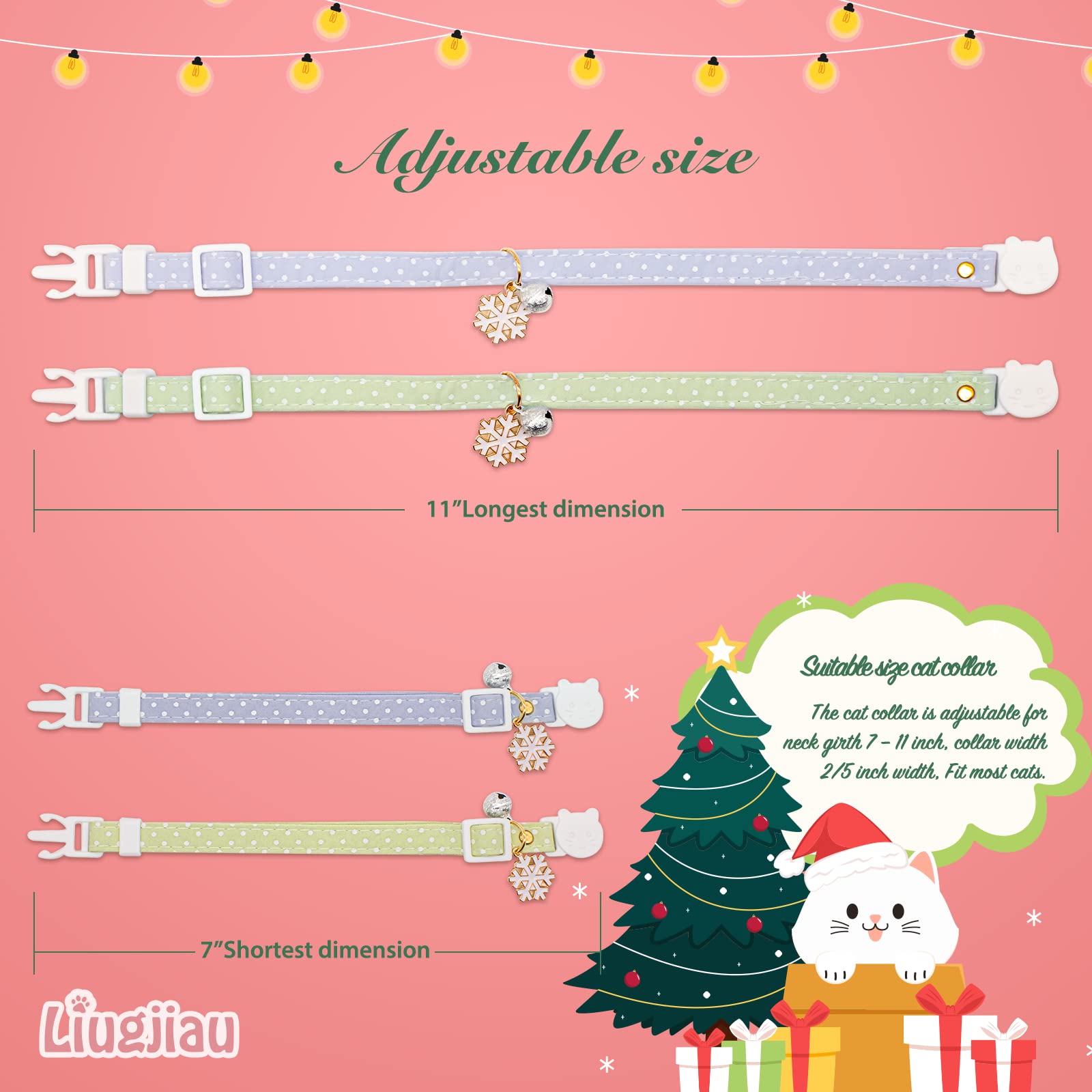 2 Pack Cotton Breakaway Cat Collar With Bell,Green & Blue White Snowflake Pendant Cute Cat Collar Kitten Collar,Ideal For Girl C