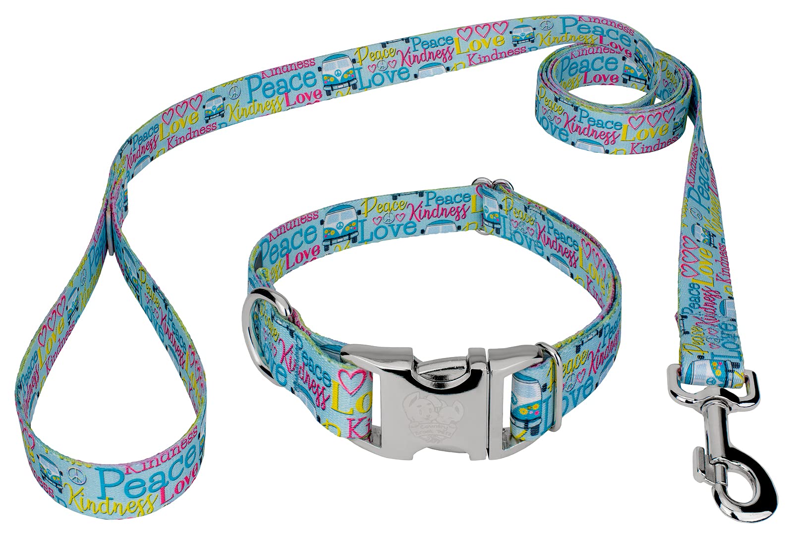 Country Brook Petz - Premium Love And Peace Dog Collar And Leash - Groovy Collection Featuring Far Out Designs (1 Inch, Large)