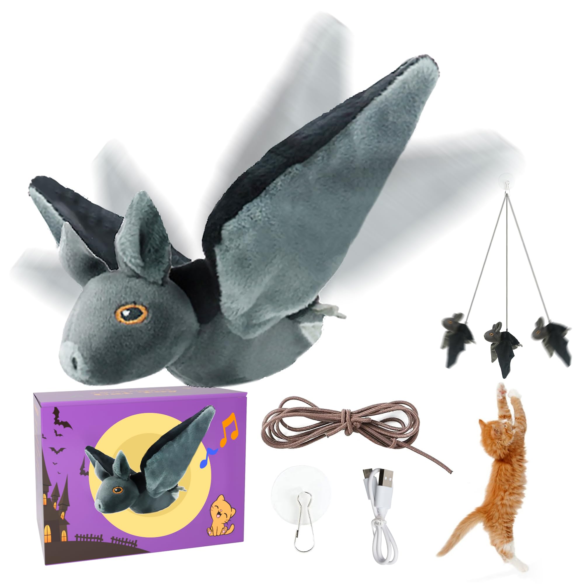 Lewiser Cat Toys, Rechargeable Intelligent Flapping Bat, Suitable For Cat Teaser Stick, Halloween Hanging Interactive Cat Toys For Indoor Cats Chase Exercise, Vivid Chirping, 3 Modes