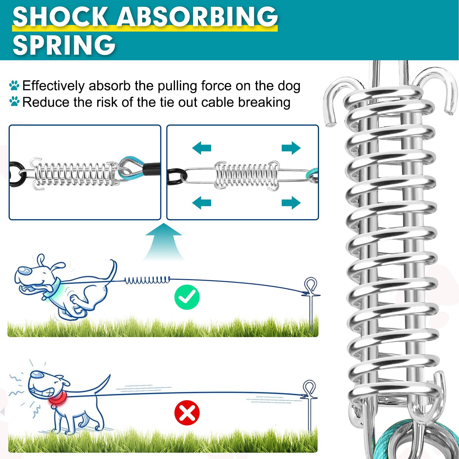 Snagle Paw Dog Leads For Yard 50Ft-1000Lbs Break Strength,Heavy Duty Tie Out Cable For Dogs With Swivel Lockable Hook & Spring,C