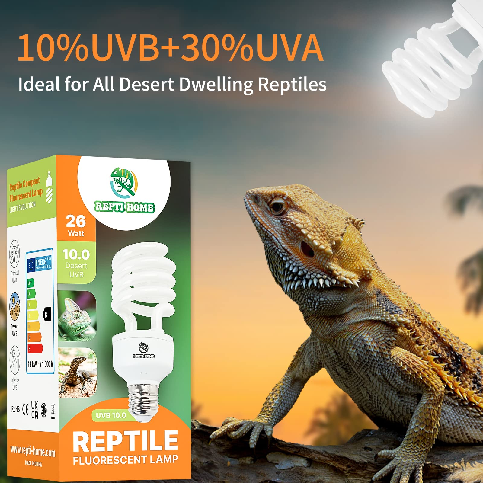 Repti Home Uvb Reptile Light 10.0, 26W Desert Uva Uvb Bulb For Reptiles, Compact Desert Terrarium Lamp, Reptile Uvb Light Bulb For Bearded Dragon, Lizard, Tortoise, Snake, Gecko