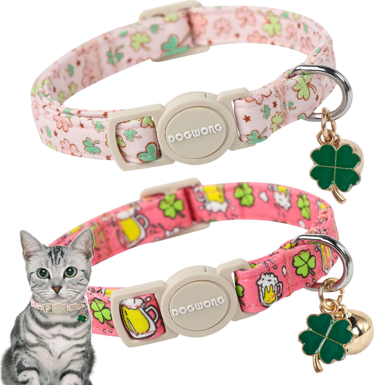 Dogwong Cat Collar 2 Pack Breakaway With Bell - Safety Buckle St. Patrick'S Day Green Trefoil For Girl Boy Cats, Adjustable 7-12