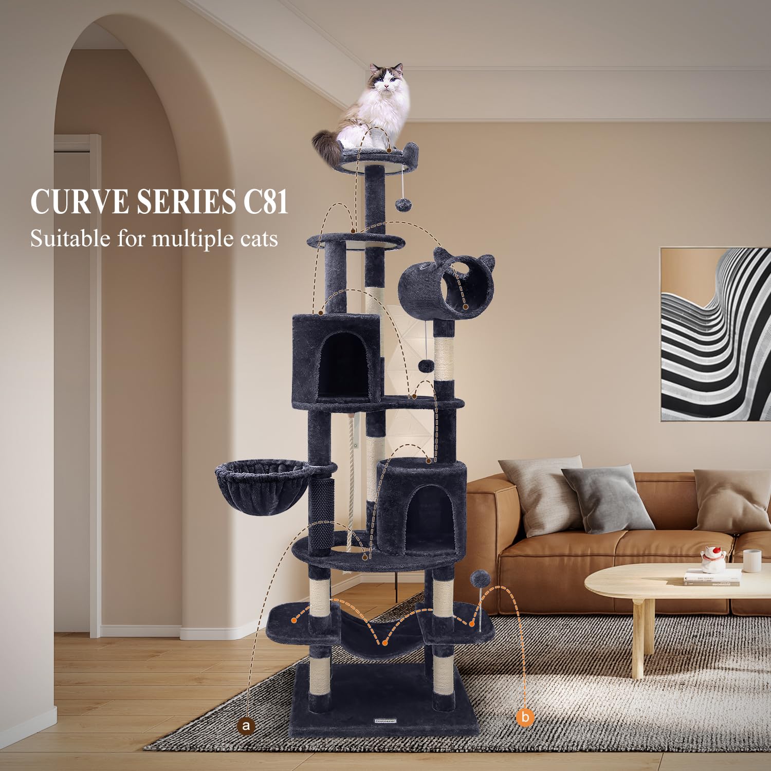 Globlazer C81 Artistic Curved Cat Tower For Small Cats(Under 12 Lbs), 81-Inch Slim Design Cat Tree With Space-Saving Design, Ind