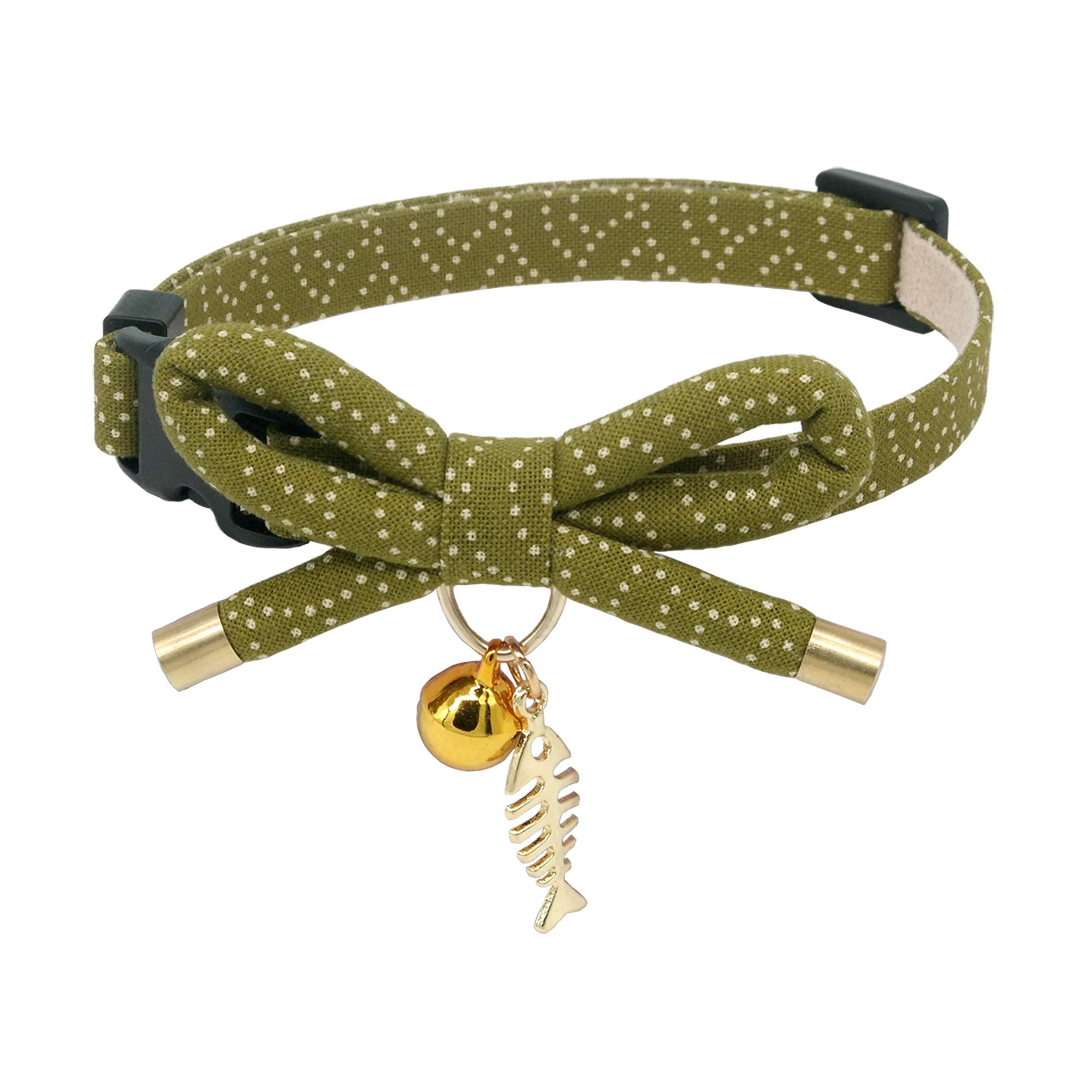 Petsokoo Cute Bowtie Cat Collar With Bell. Japanese Stylish Bowknot & Fish Charm. Safety Breakaway, Soft, Lightweight, For Girl Boy Male Female Cats Kitten,Green