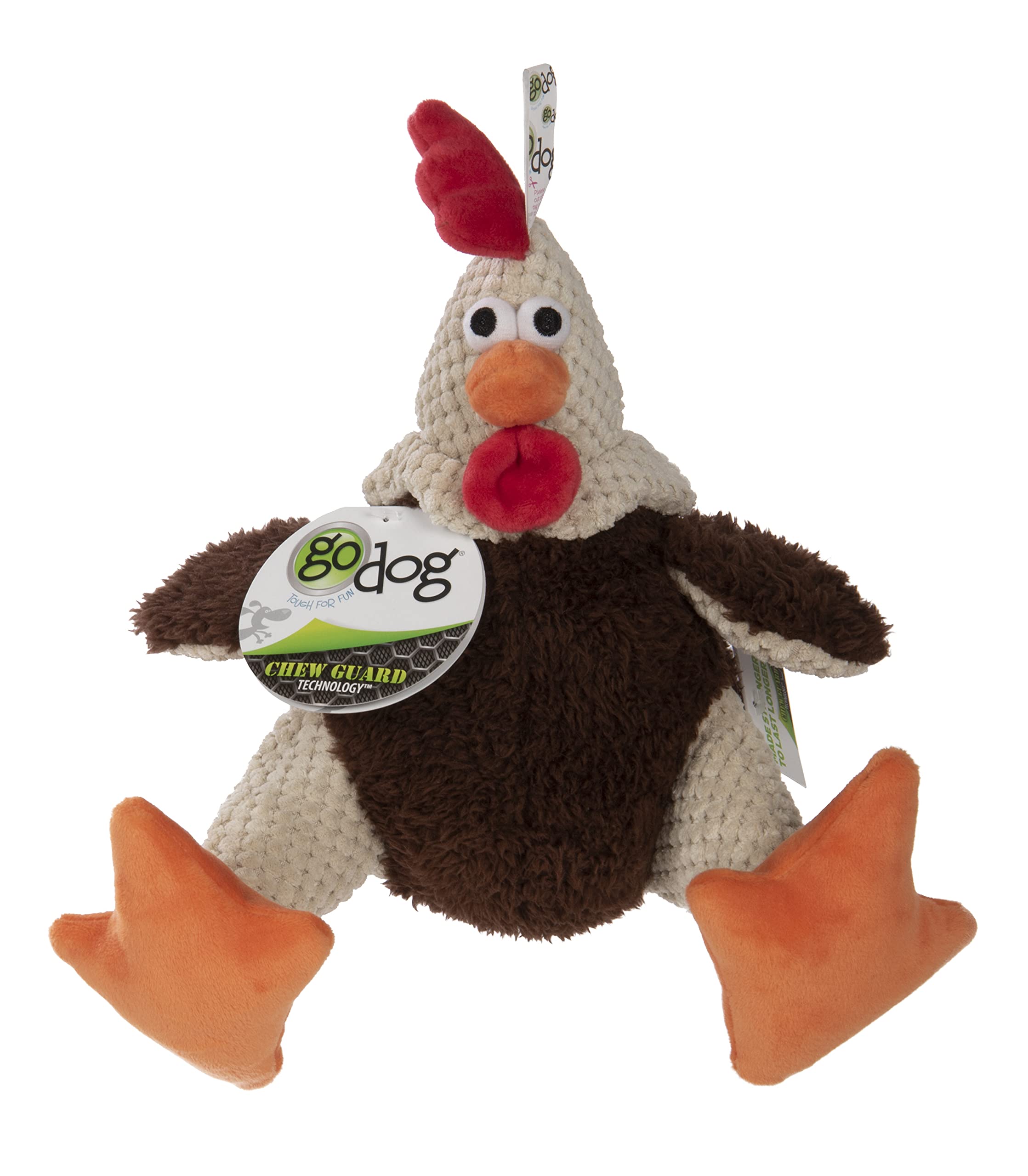 Godog Checkers Fat Rooster Squeaky Plush Dog Toy, Chew Guard Technology - Brown, Large