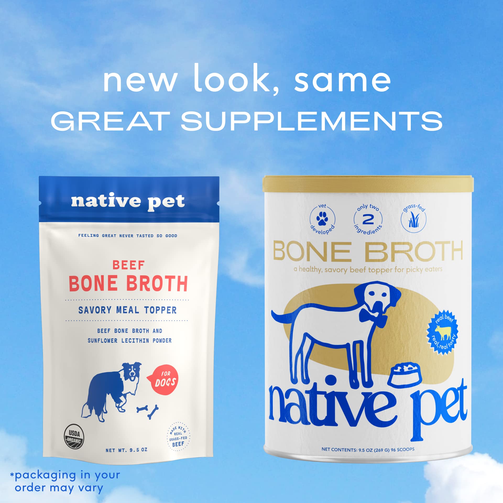 Native Pet Bone Broth for Dogs - Beef Flavor, 9.5oz Dog Food Topper for Picky Eaters, Protein Powder for Dogs and Cats