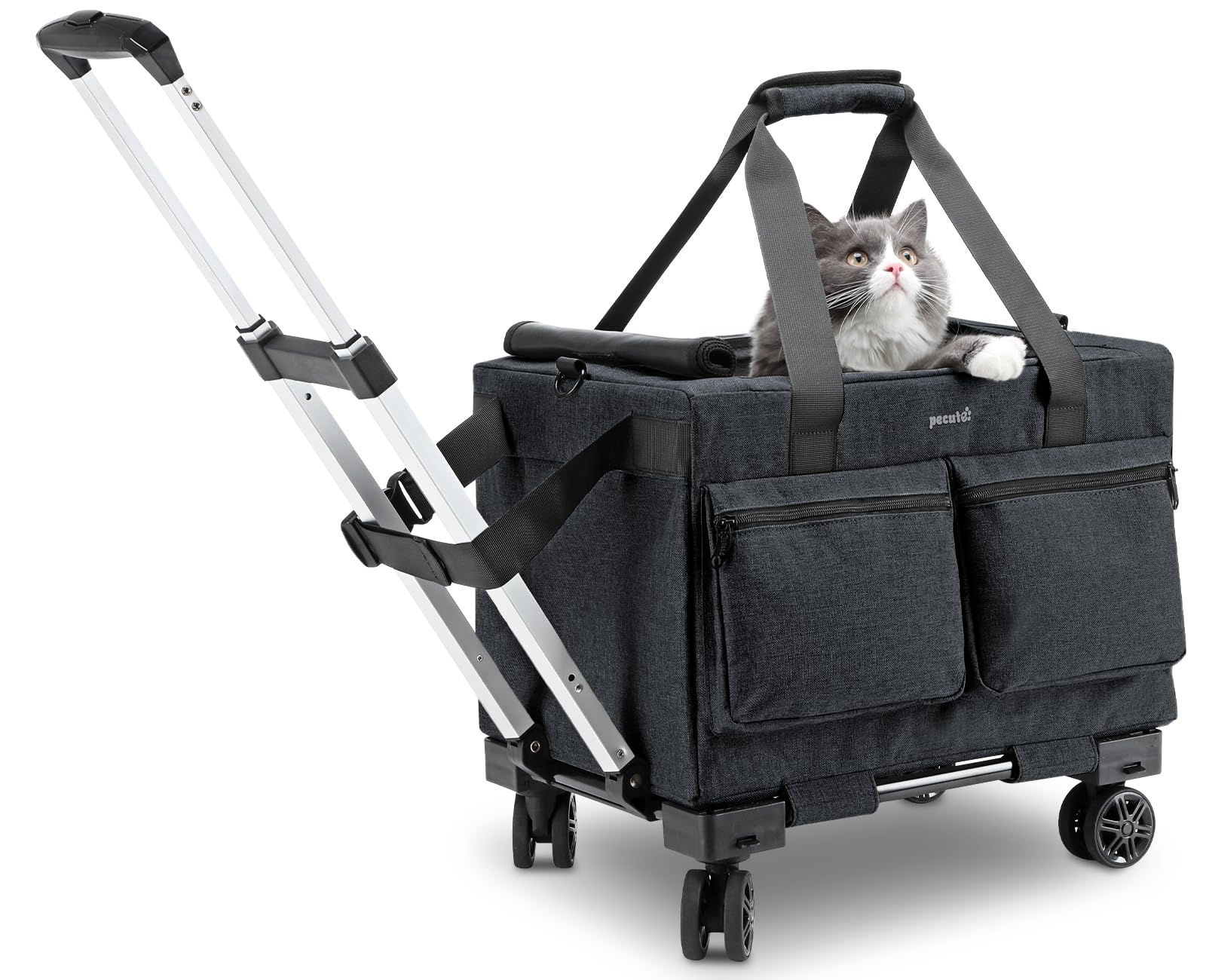 Pecute Cat Carrier With Wheels,Steel Wire Frame Cat Carrier, Stable Pet Trolley Bag For Cats, Pet Handbag And Stroller Bag, Port
