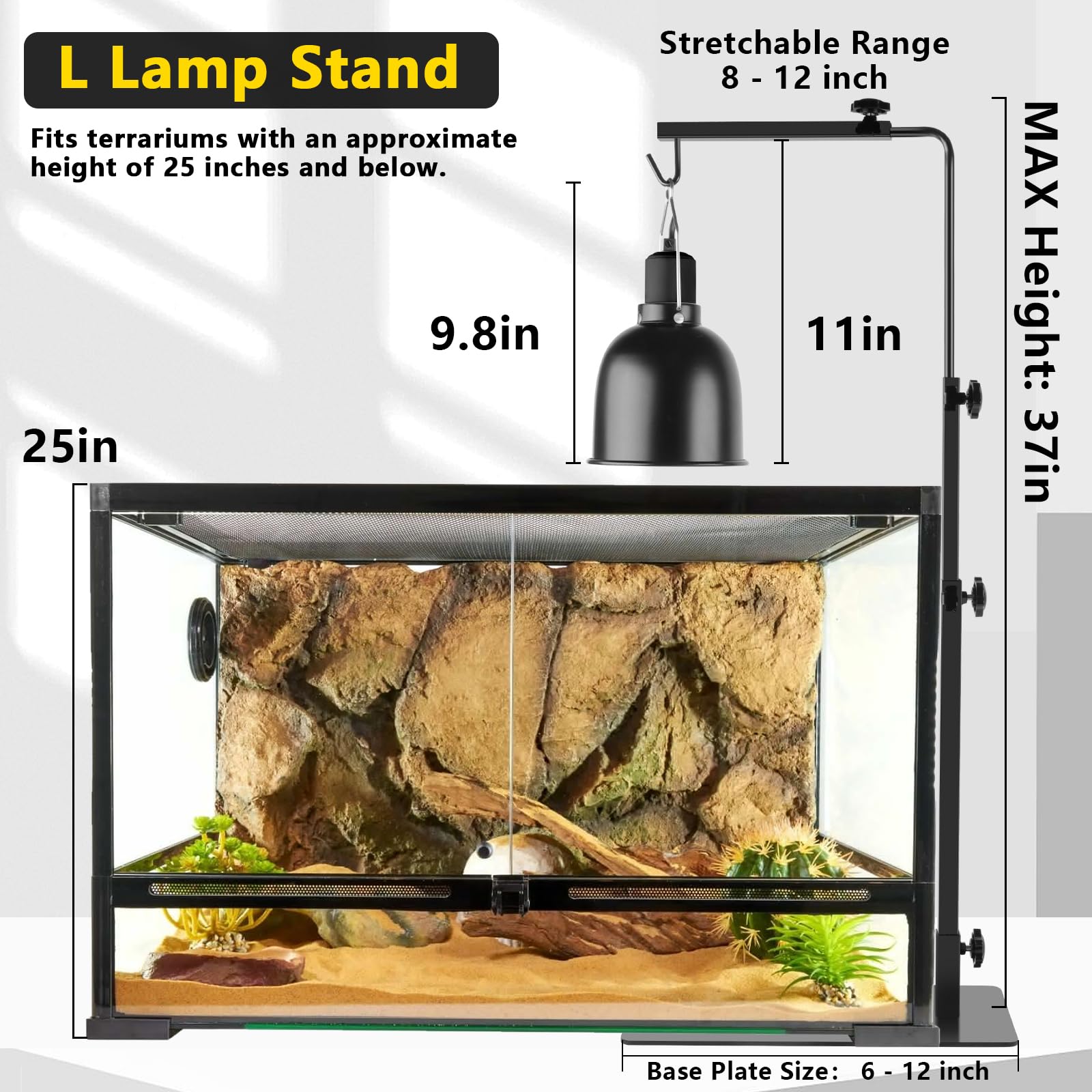 LUCKY HERP Adjustable Reptile Lamp Stand 14-37" Metal Holder for Terrarium, Model JX-LD8.5D, XL Size, Black