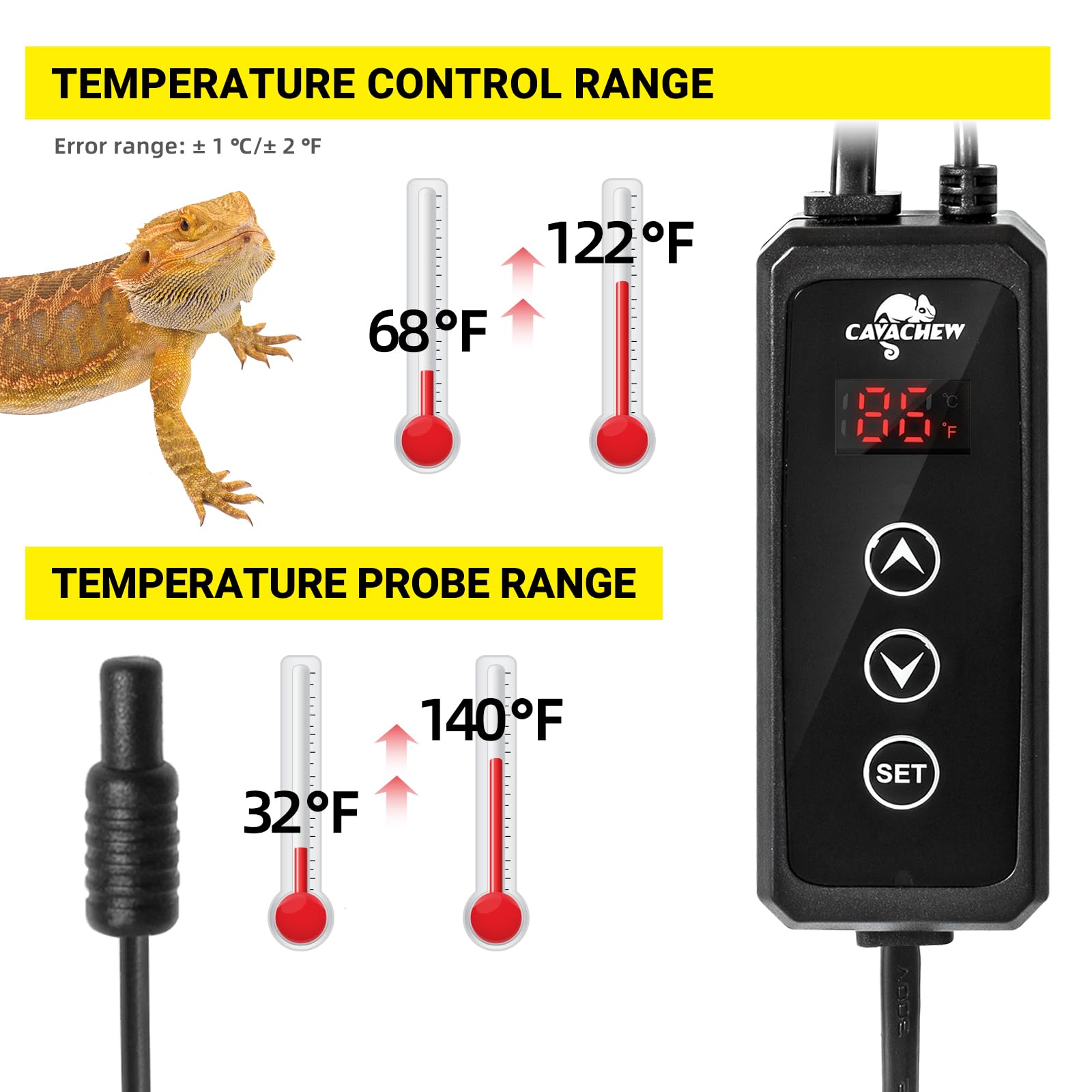 Cavachew Dimming Thermostat Reptile, Thermostat For Reptile Heat Lamp Mats Bulbs, Pid Temperature Controller For Reptile Amphibi